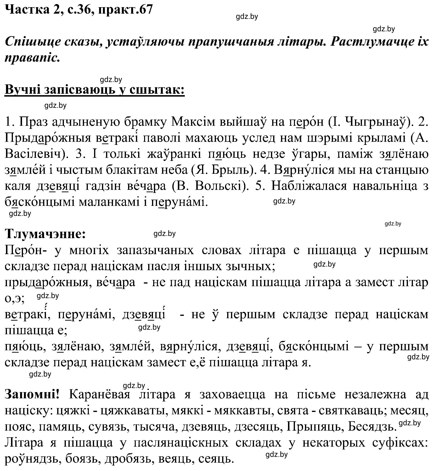 Решение номер 67 (страница 36) гдз по белорусскому языку 5 класс Валочка, Зелянко, учебник 2 часть