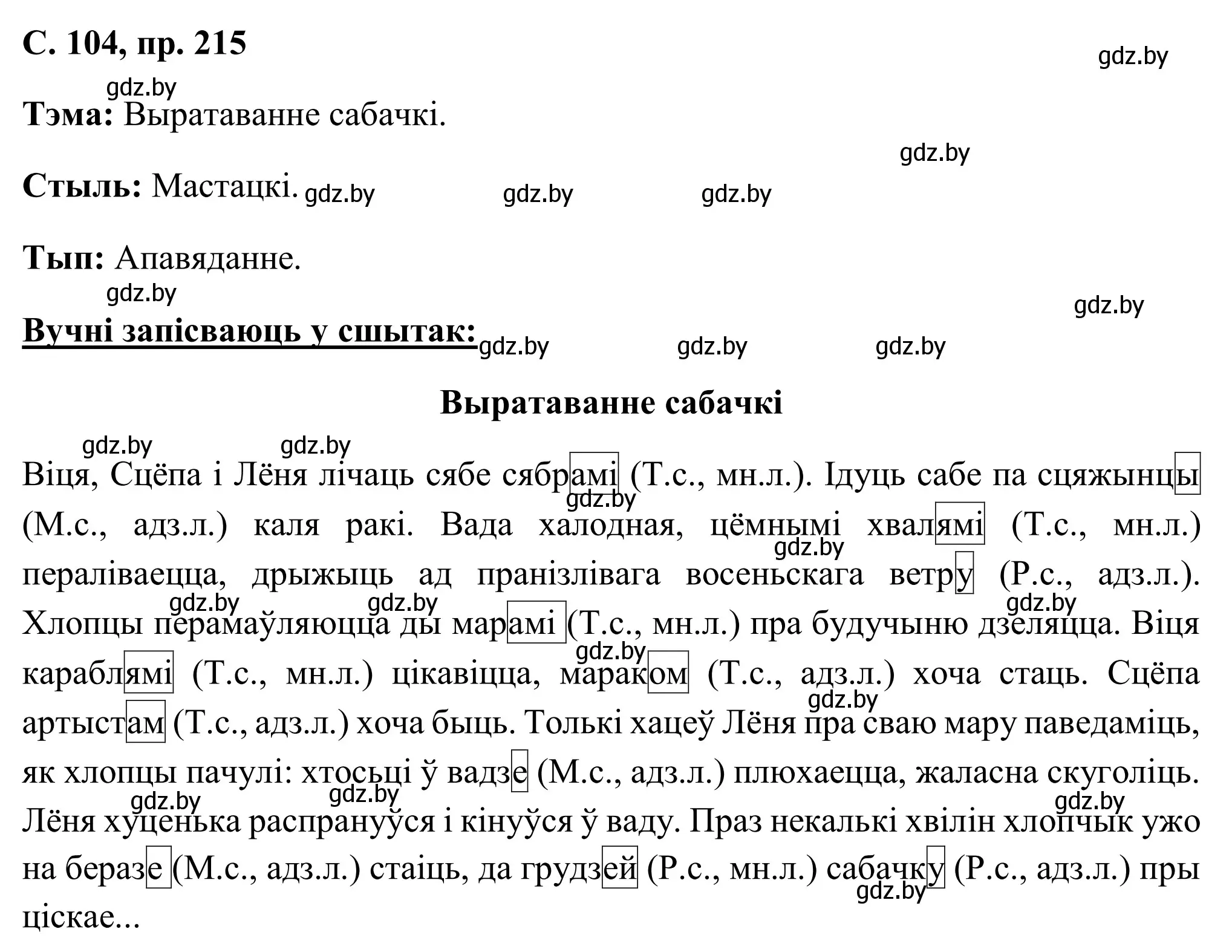 Решение номер 215 (страница 104) гдз по белорусскому языку 6 класс Валочка, Зелянко, учебник