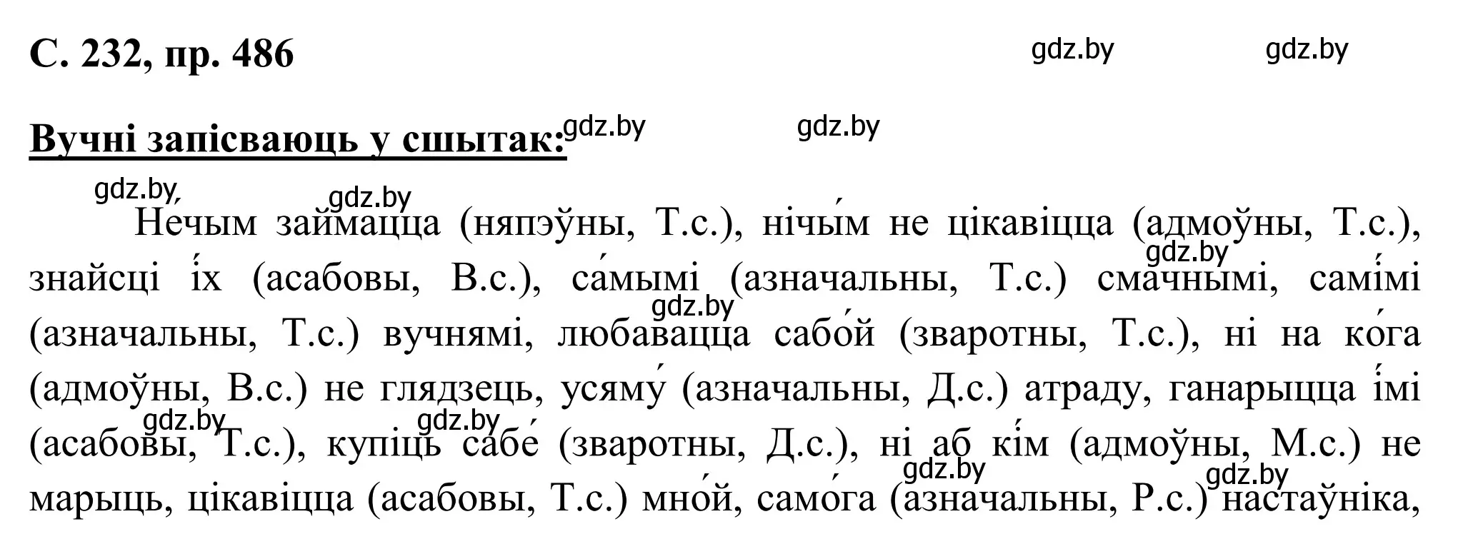 Решение номер 486 (страница 232) гдз по белорусскому языку 6 класс Валочка, Зелянко, учебник