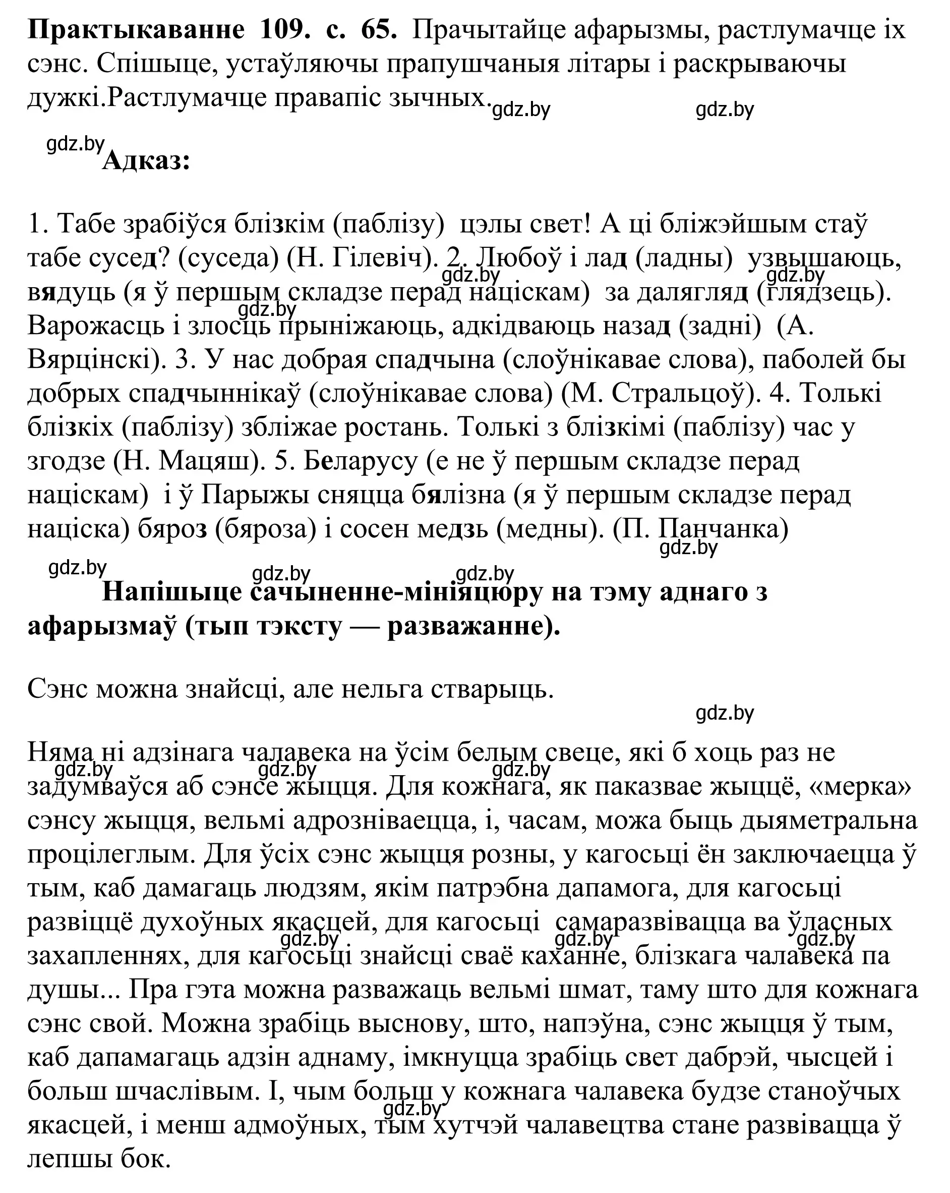 Решение номер 109 (страница 65) гдз по белорусскому языку 10 класс Валочка, Васюкович, учебник