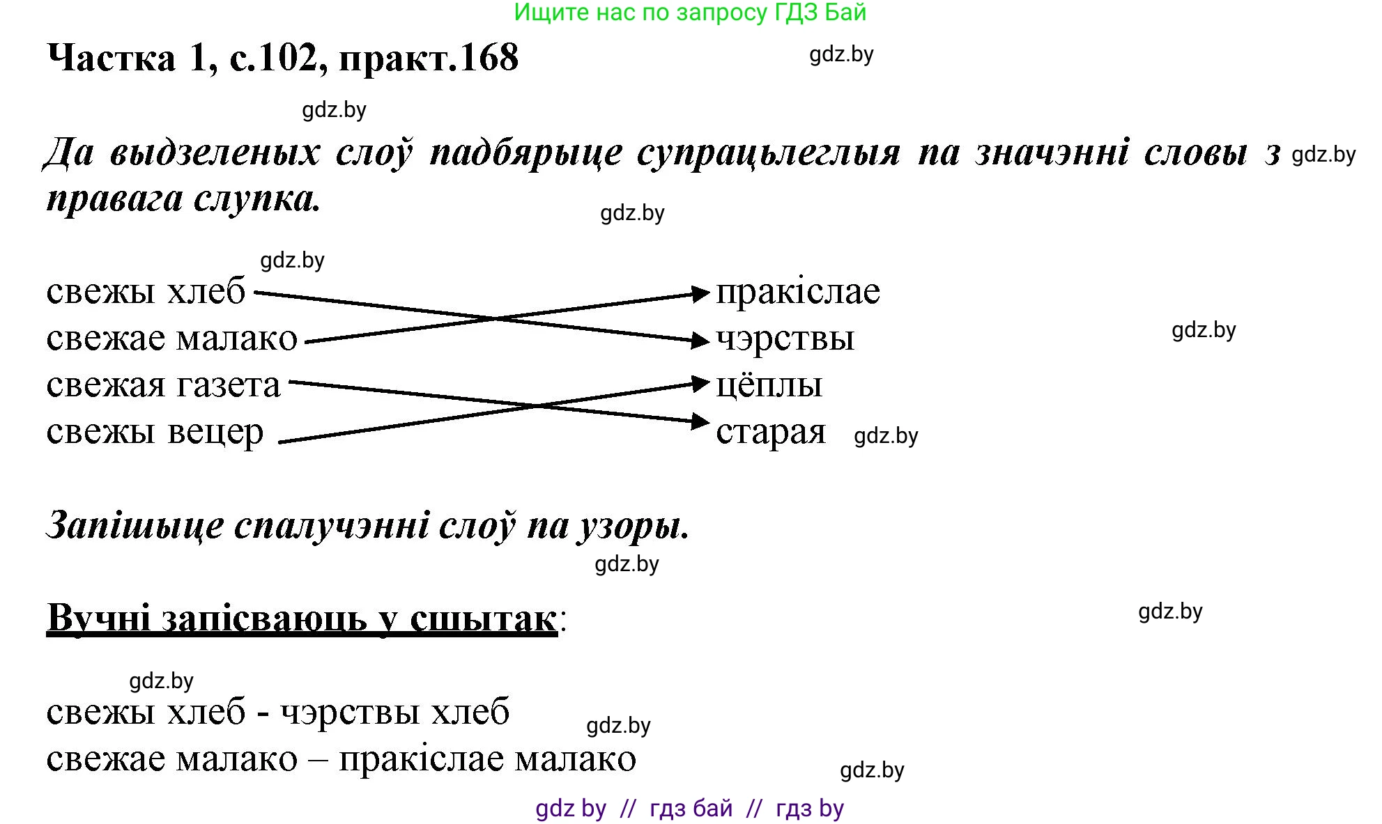Белорусский язык (Беларуская мова), 3 класс Учебник, автор: Свірыдзенка Вольга Іванаўна, издательство Нацыянальны інстытут адукацыі, Минск, 2023, зелёного цвета, Частка 1, страница 102, номер 168, Решение