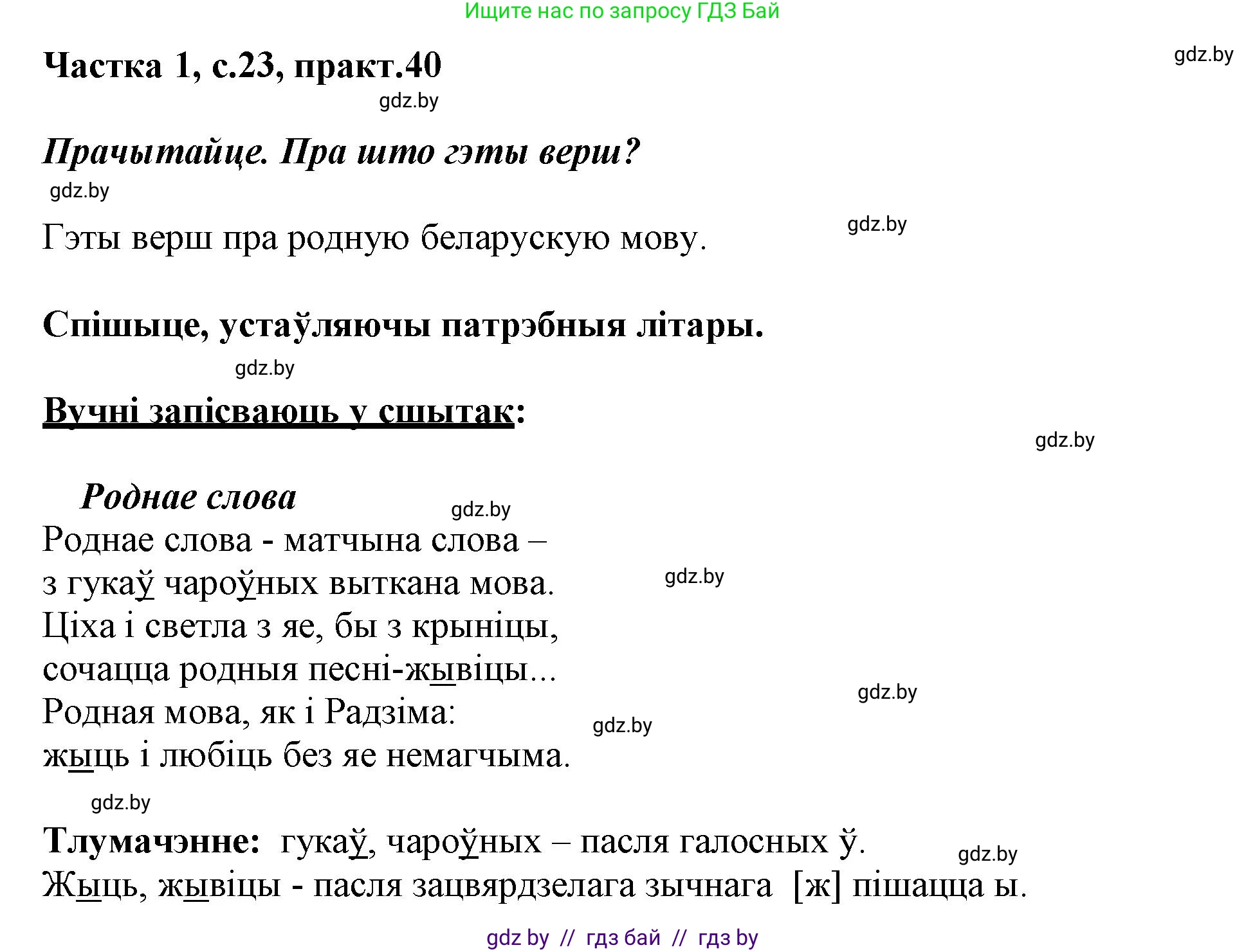 Белорусский язык (Беларуская мова), 3 класс Учебник, автор: Свірыдзенка Вольга Іванаўна, издательство Нацыянальны інстытут адукацыі, Минск, 2023, зелёного цвета, Частка 1, страница 23, номер 40, Решение