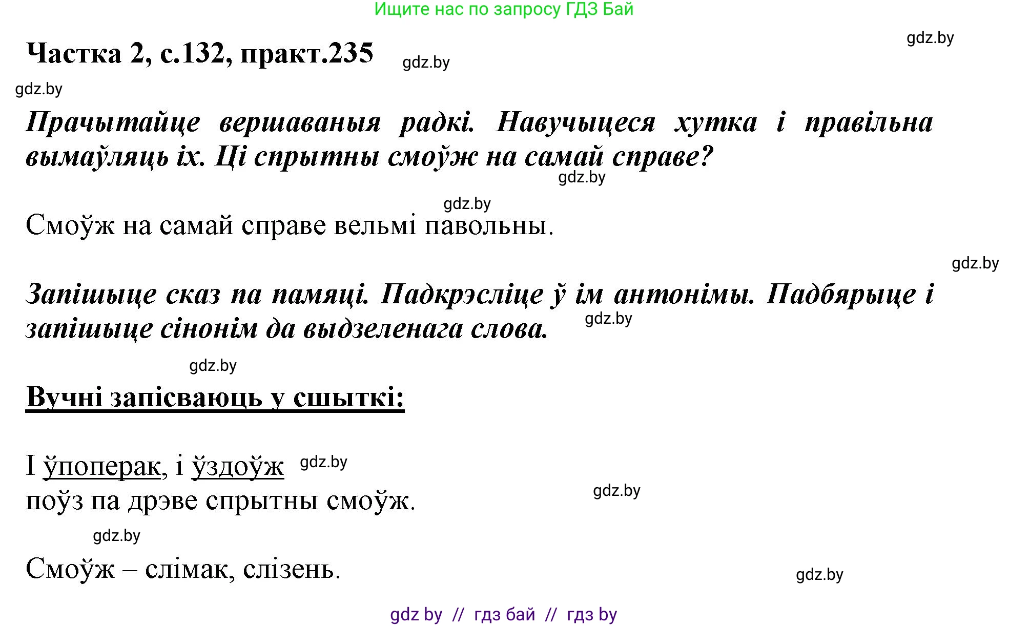 Белорусский язык (Беларуская мова), 3 класс Учебник, автор: Свірыдзенка Вольга Іванаўна, издательство Нацыянальны інстытут адукацыі, Минск, 2023, зелёного цвета, Частка 2, страница 132, номер 235, Решение