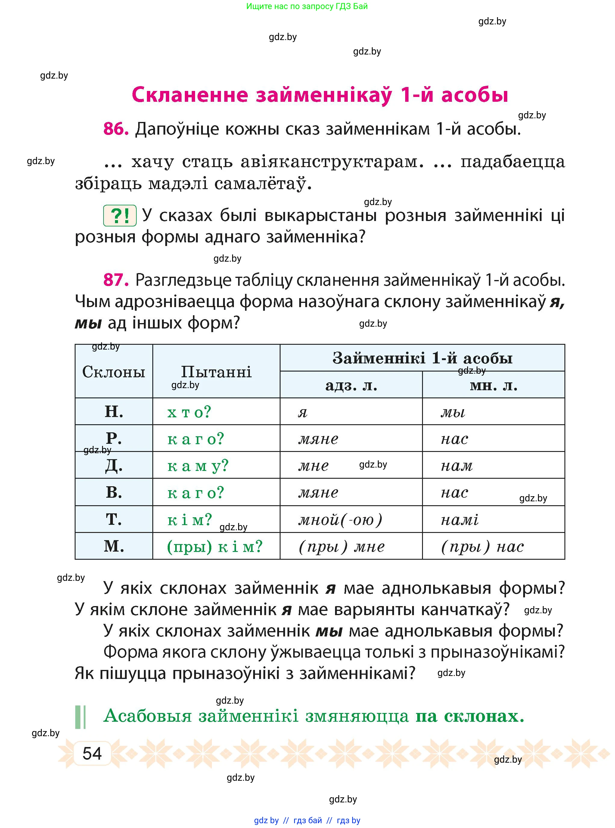 Белорусский язык (Беларуская мова), 4 класс Учебник, автор: Свірыдзенка Вольга Іванаўна, издательство Нацыянальны інстытут адукацыі, Минск, 2024, голубого цвета, Частка 2, страница 54