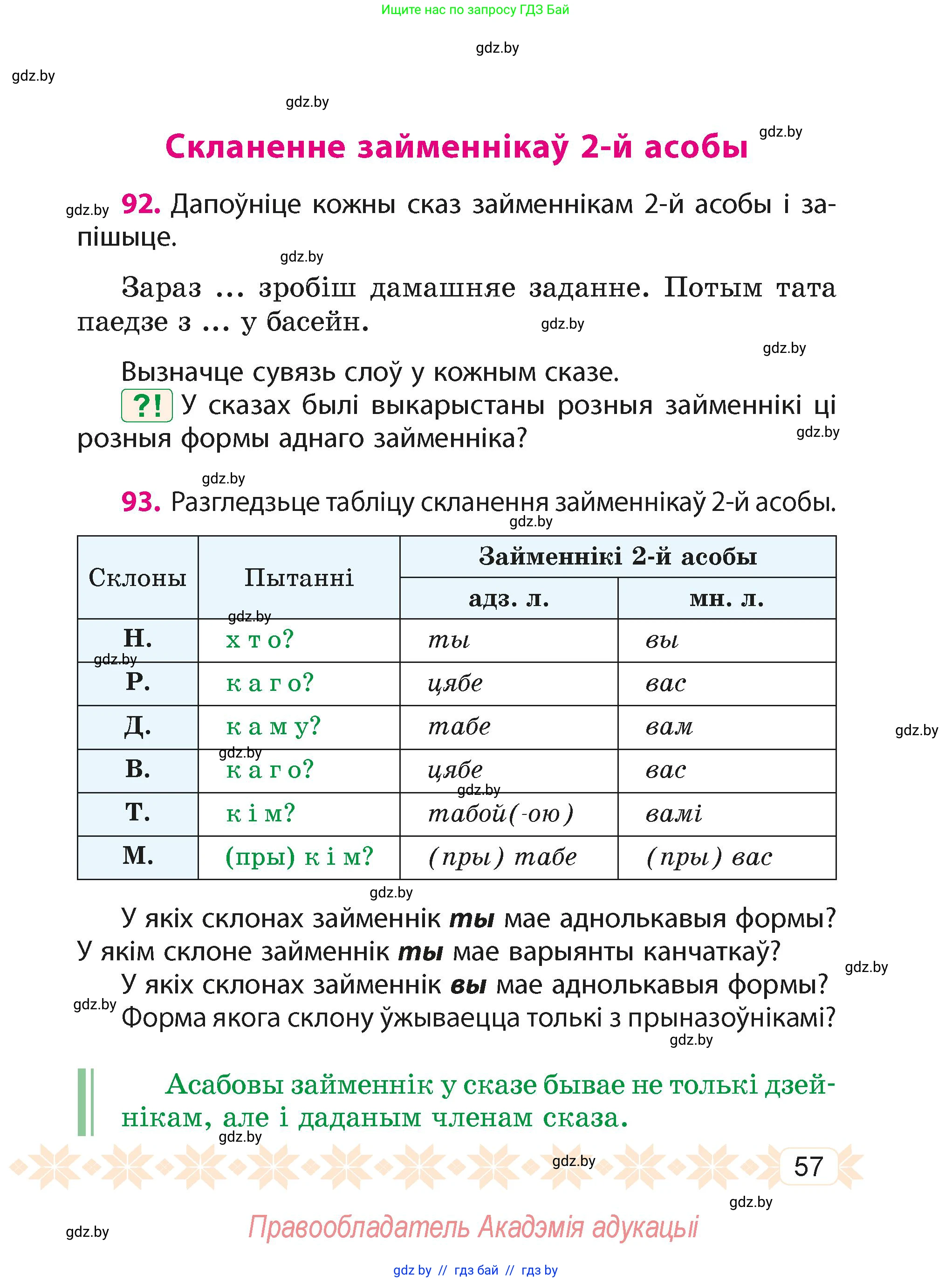 Белорусский язык (Беларуская мова), 4 класс Учебник, автор: Свірыдзенка Вольга Іванаўна, издательство Нацыянальны інстытут адукацыі, Минск, 2024, голубого цвета, Частка 2, страница 57