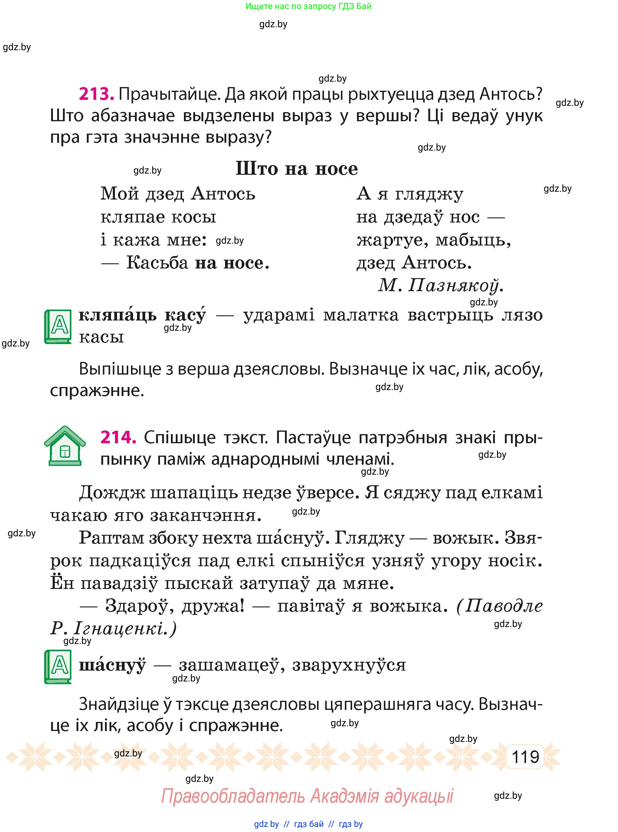 Белорусский язык (Беларуская мова), 4 класс Учебник, автор: Свірыдзенка Вольга Іванаўна, издательство Нацыянальны інстытут адукацыі, Минск, 2024, голубого цвета, Частка 2, страница 119