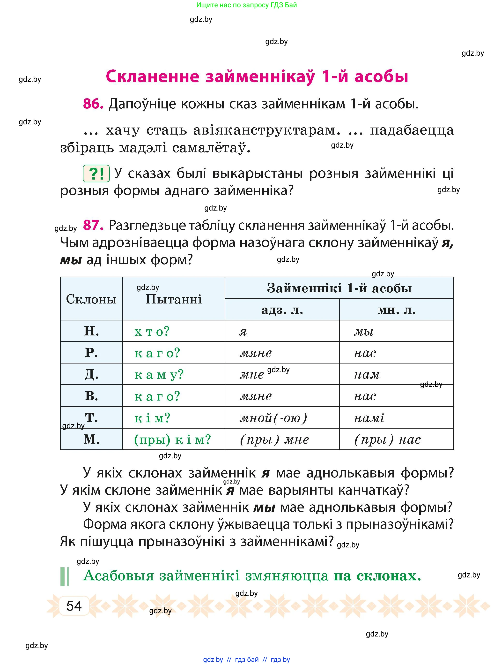Белорусский язык (Беларуская мова), 4 класс Учебник, автор: Свірыдзенка Вольга Іванаўна, издательство Нацыянальны інстытут адукацыі, Минск, 2024, голубого цвета, Частка 2, страница 54