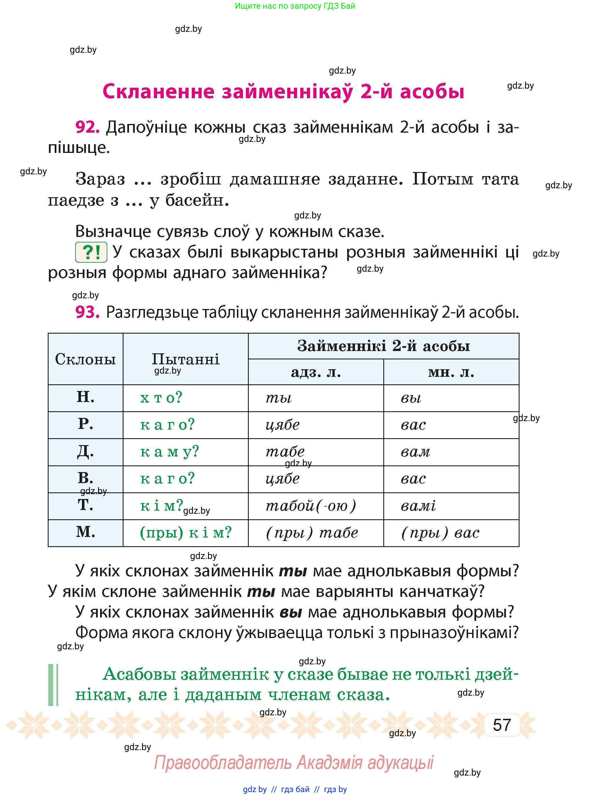 Белорусский язык (Беларуская мова), 4 класс Учебник, автор: Свірыдзенка Вольга Іванаўна, издательство Нацыянальны інстытут адукацыі, Минск, 2024, голубого цвета, Частка 2, страница 57