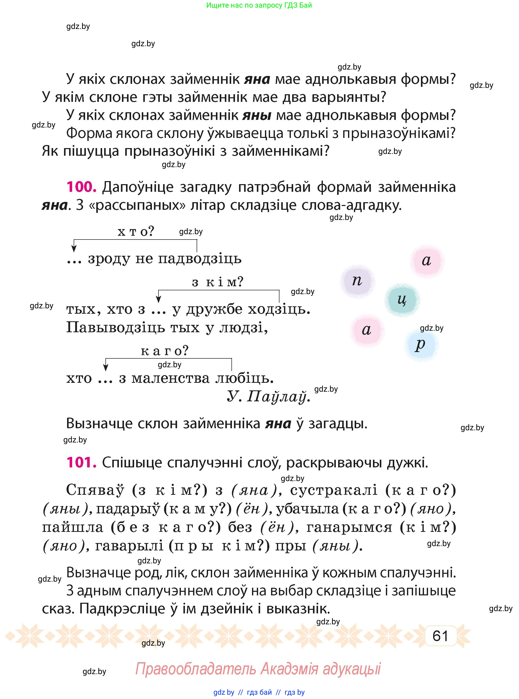 Белорусский язык (Беларуская мова), 4 класс Учебник, автор: Свірыдзенка Вольга Іванаўна, издательство Нацыянальны інстытут адукацыі, Минск, 2024, голубого цвета, Частка 2, страница 61