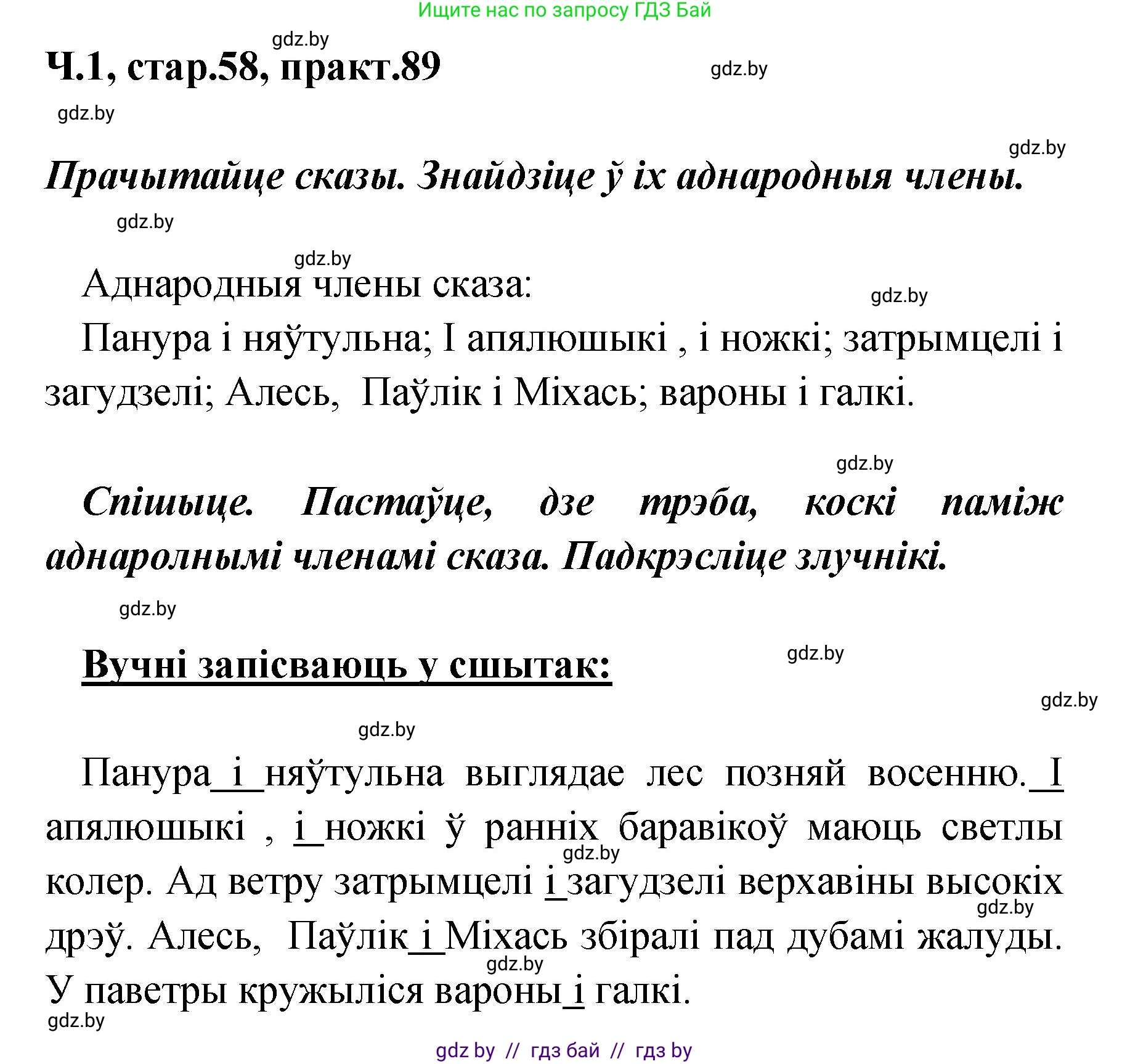 Белорусский язык (Беларуская мова), 4 класс Учебник, автор: Свірыдзенка Вольга Іванаўна, издательство Нацыянальны інстытут адукацыі, Минск, 2024, голубого цвета, Частка 1, страница 58, номер 89, Решение 2024