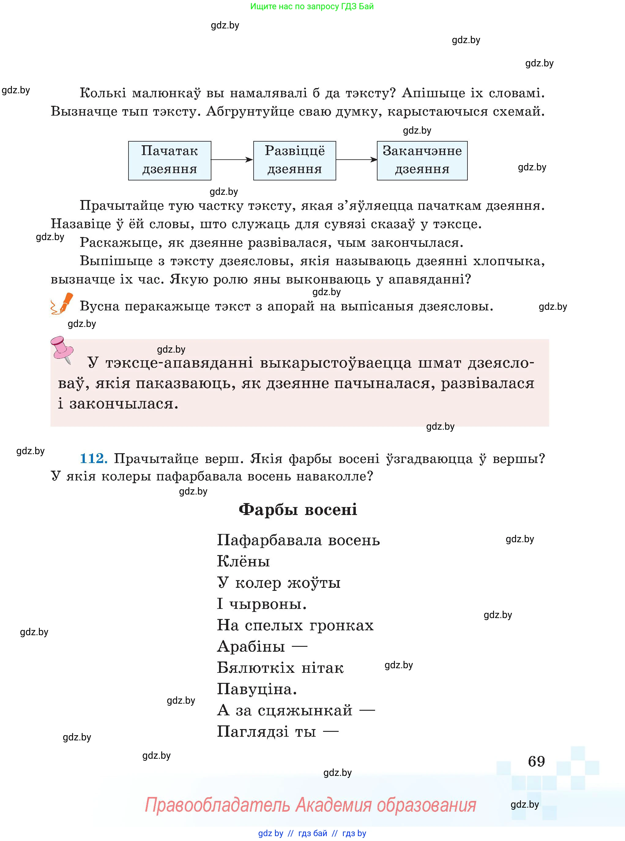 Белорусский язык (Беларуская мова), 5 класс Учебник, авторы: Валочка Ганна Міхайлаўна, Зелянко Вольга Уладзіміраўна, Мартынкевіч Святлана Васільеўна, Якуба Святлана Міхайлаўна, издательство Акадэмія адукацыі, Минск, 2024, голубого цвета, Частка 1, страница 69