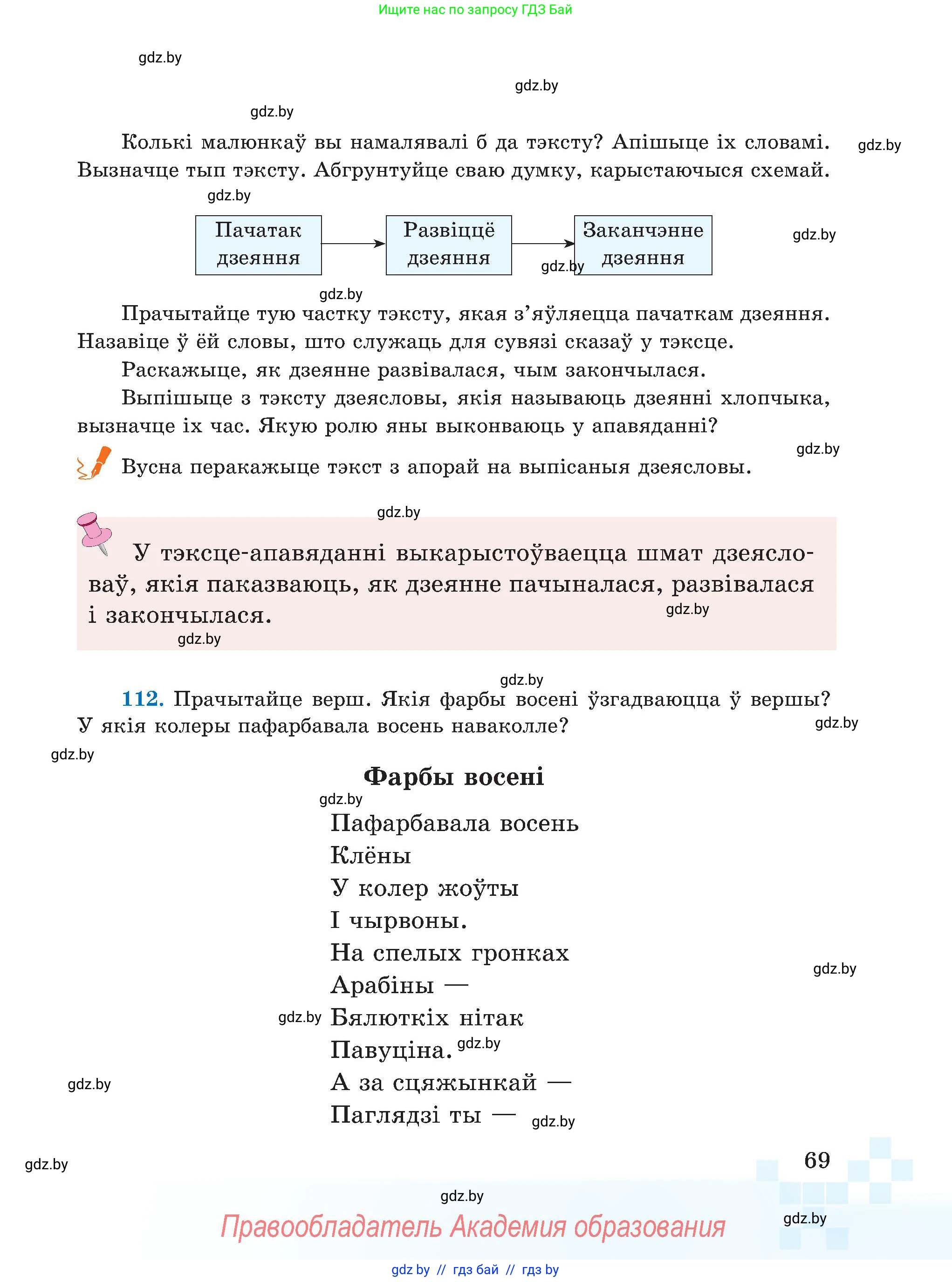 Белорусский язык (Беларуская мова), 5 класс Учебник, авторы: Валочка Ганна Міхайлаўна, Зелянко Вольга Уладзіміраўна, Мартынкевіч Святлана Васільеўна, Якуба Святлана Міхайлаўна, издательство Акадэмія адукацыі, Минск, 2024, голубого цвета, Частка 1, страница 69
