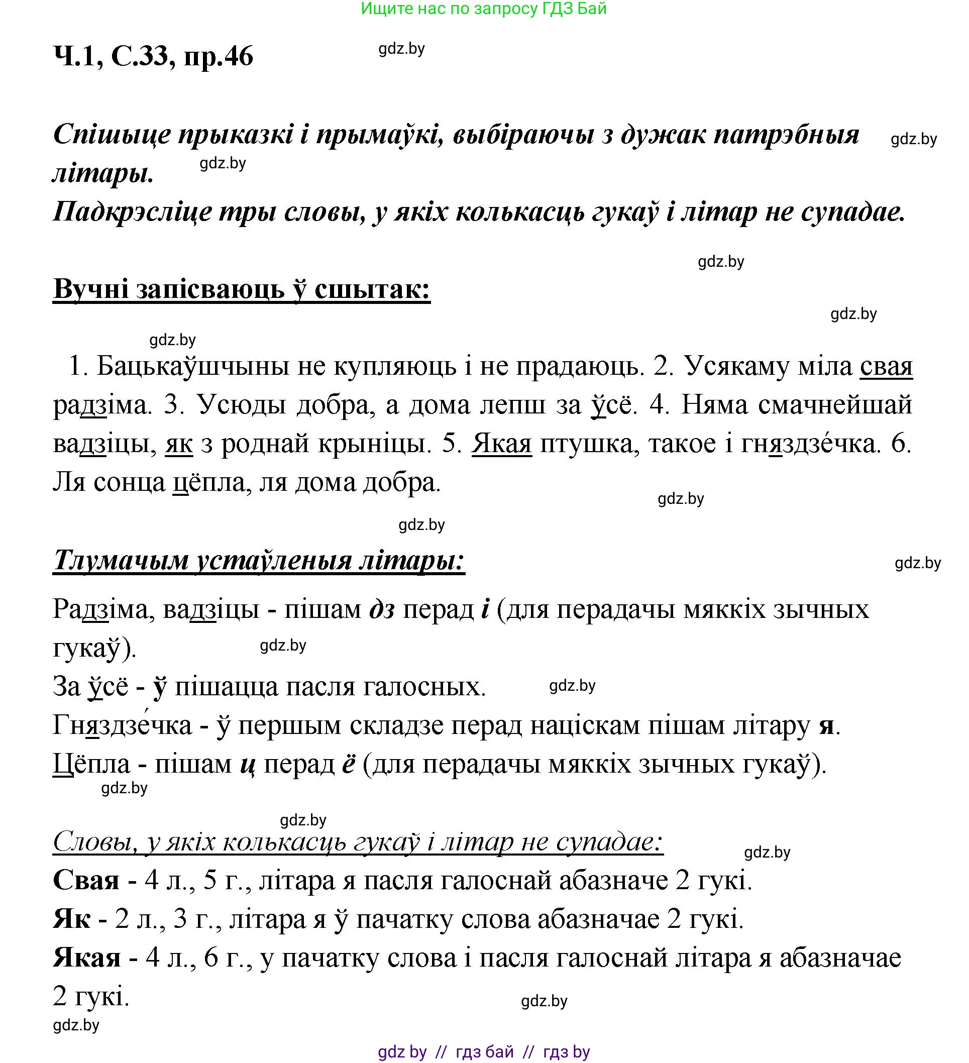 Белорусский язык (Беларуская мова), 5 класс Учебник, авторы: Валочка Ганна Міхайлаўна, Зелянко Вольга Уладзіміраўна, Мартынкевіч Святлана Васільеўна, Якуба Святлана Міхайлаўна, издательство Акадэмія адукацыі, Минск, 2024, голубого цвета, Частка 1, страница 33, номер 46, Решение
