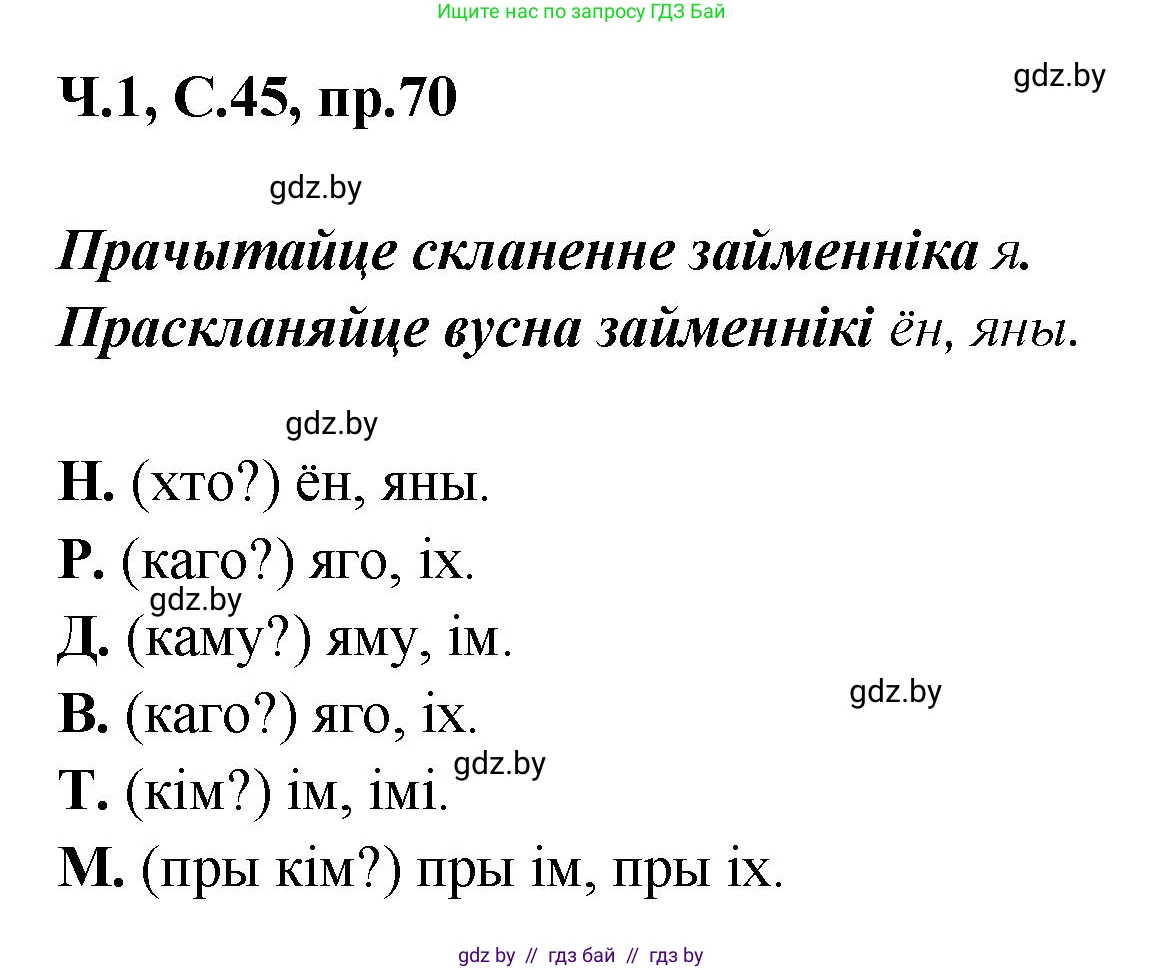 Белорусский язык (Беларуская мова), 5 класс Учебник, авторы: Валочка Ганна Міхайлаўна, Зелянко Вольга Уладзіміраўна, Мартынкевіч Святлана Васільеўна, Якуба Святлана Міхайлаўна, издательство Акадэмія адукацыі, Минск, 2024, голубого цвета, Частка 1, страница 45, номер 70, Решение