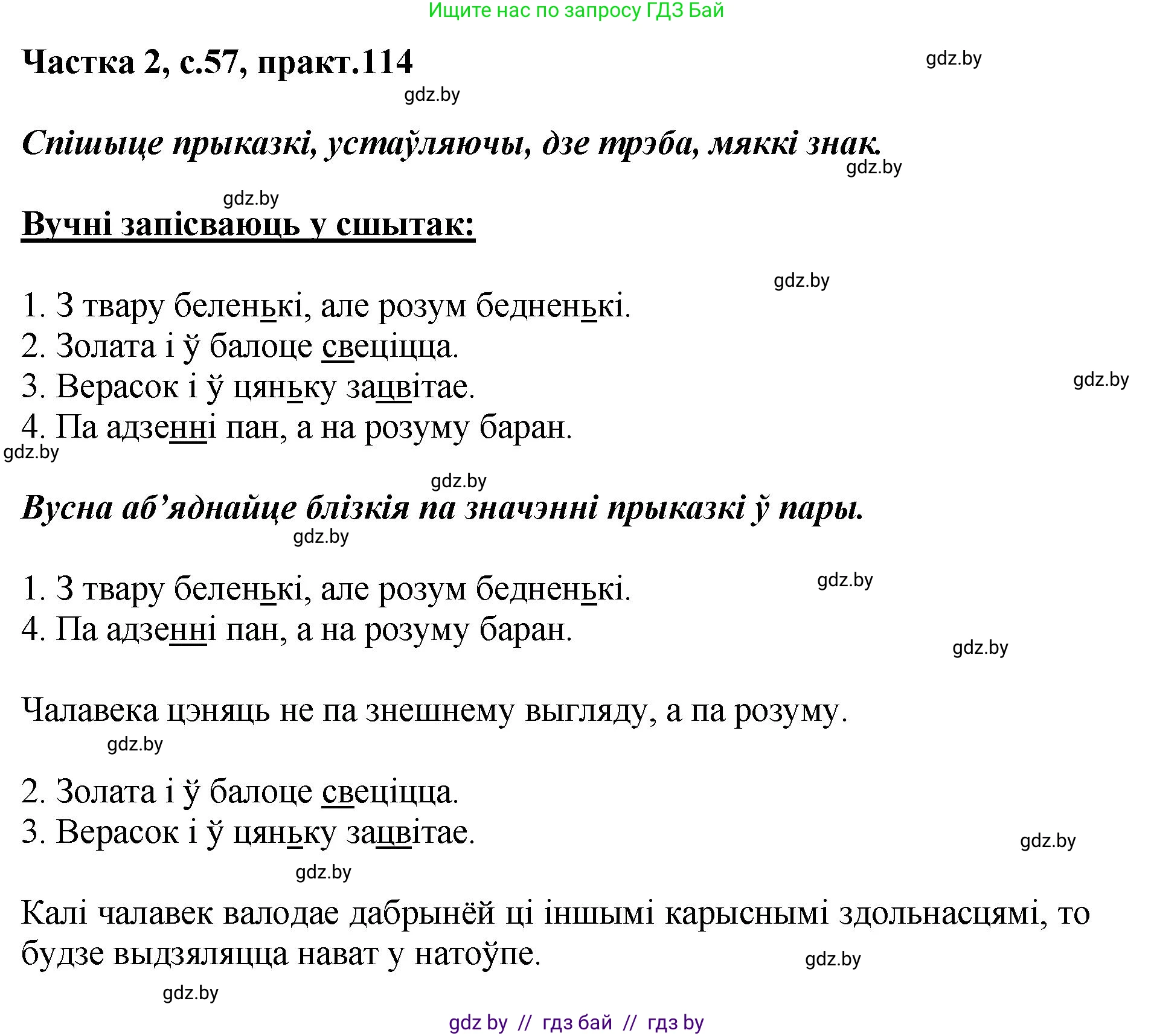 Белорусский язык (Беларуская мова), 5 класс Учебник, авторы: Валочка Ганна Міхайлаўна, Зелянко Вольга Уладзіміраўна, Мартынкевіч Святлана Васільеўна, Якуба Святлана Міхайлаўна, издательство Акадэмія адукацыі, Минск, 2024, голубого цвета, Частка 2, страница 57, номер 114, Решение