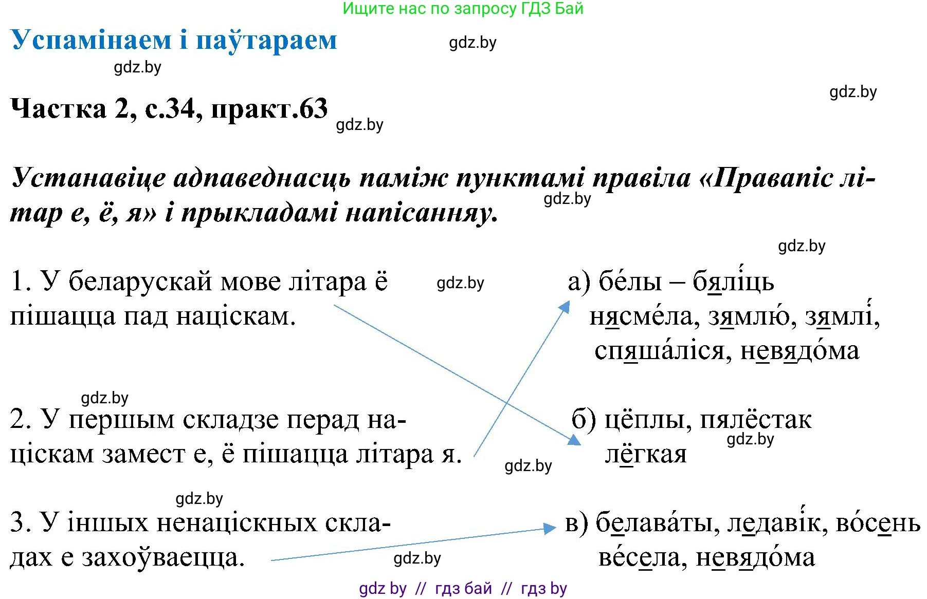 Белорусский язык (Беларуская мова), 5 класс Учебник, авторы: Валочка Ганна Міхайлаўна, Зелянко Вольга Уладзіміраўна, Мартынкевіч Святлана Васільеўна, Якуба Святлана Міхайлаўна, издательство Акадэмія адукацыі, Минск, 2024, голубого цвета, Частка 2, страница 34, номер 63, Решение