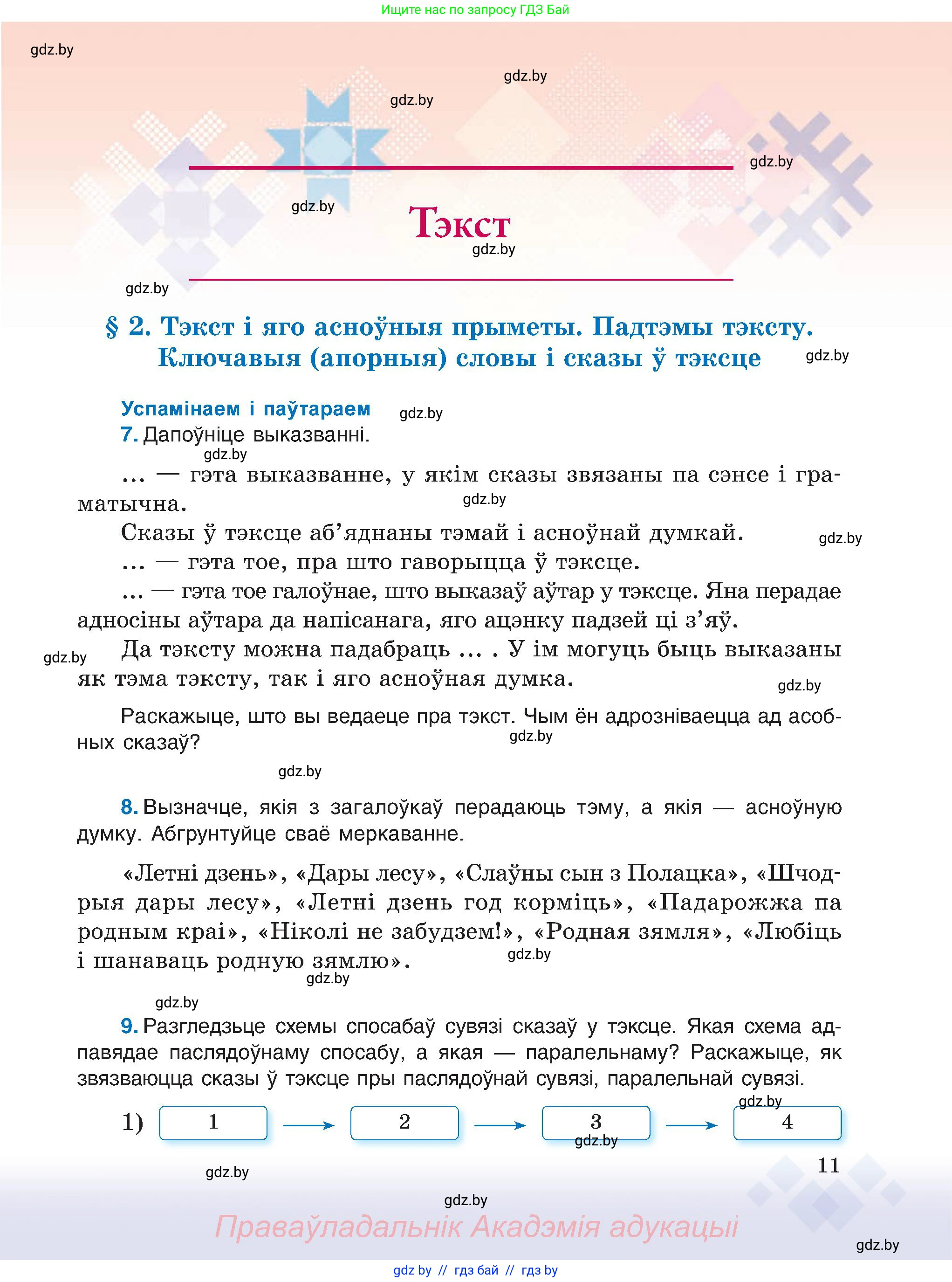 Белорусский язык (Беларуская мова), 6 класс Учебник, авторы: Валочка Ганна Міхайлаўна, Зелянко Вольга Уладзіміраўна, Мартынкевіч Святлана Васільеўна, Якуба Святлана Міхайлаўна, Бажкова Т І, издательство Акадэмія адукацыі, Минск, 2025, страница 11