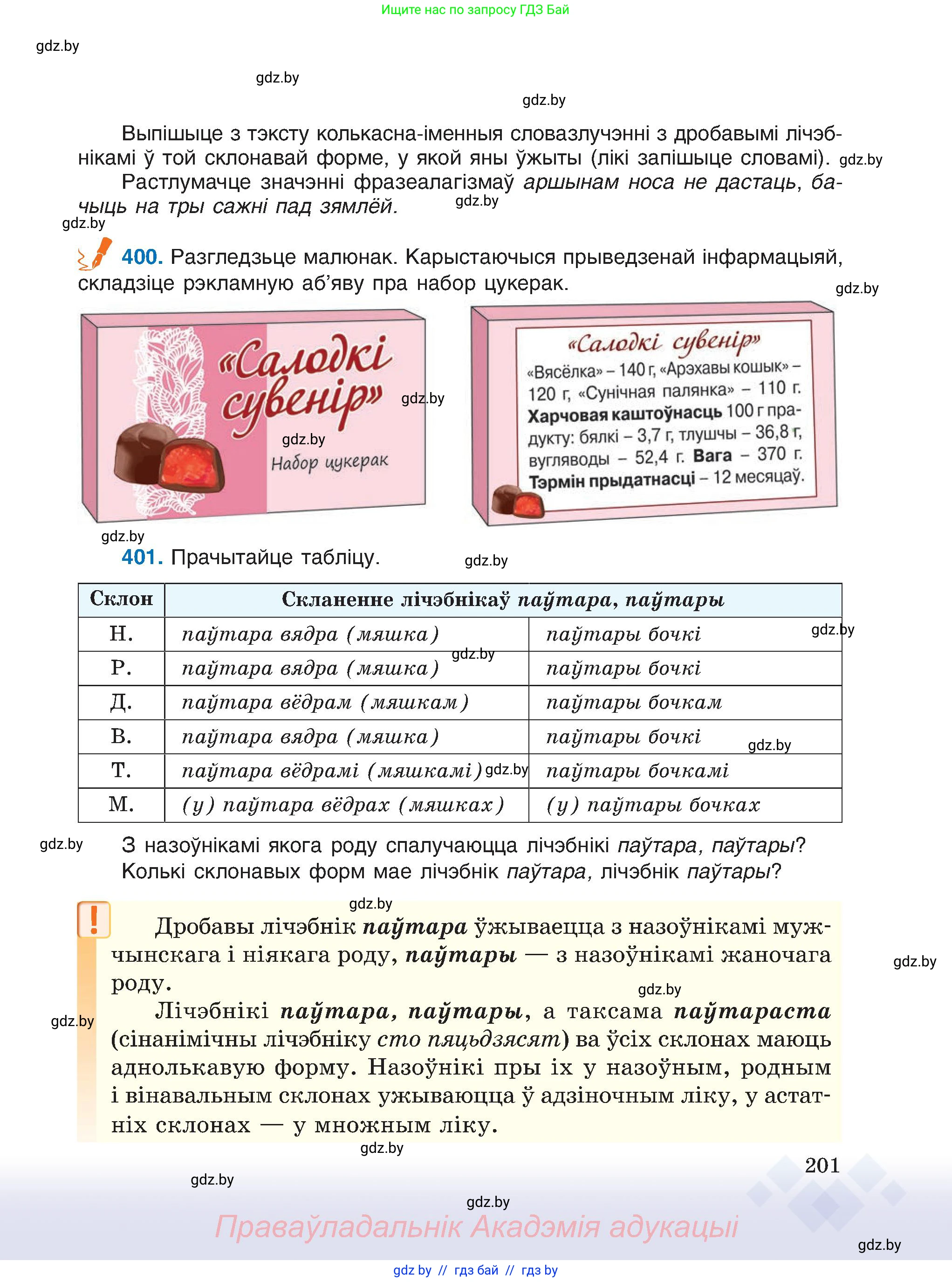 Белорусский язык (Беларуская мова), 6 класс Учебник, авторы: Валочка Ганна Міхайлаўна, Зелянко Вольга Уладзіміраўна, Мартынкевіч Святлана Васільеўна, Якуба Святлана Міхайлаўна, Бажкова Т І, издательство Акадэмія адукацыі, Минск, 2025, страница 201