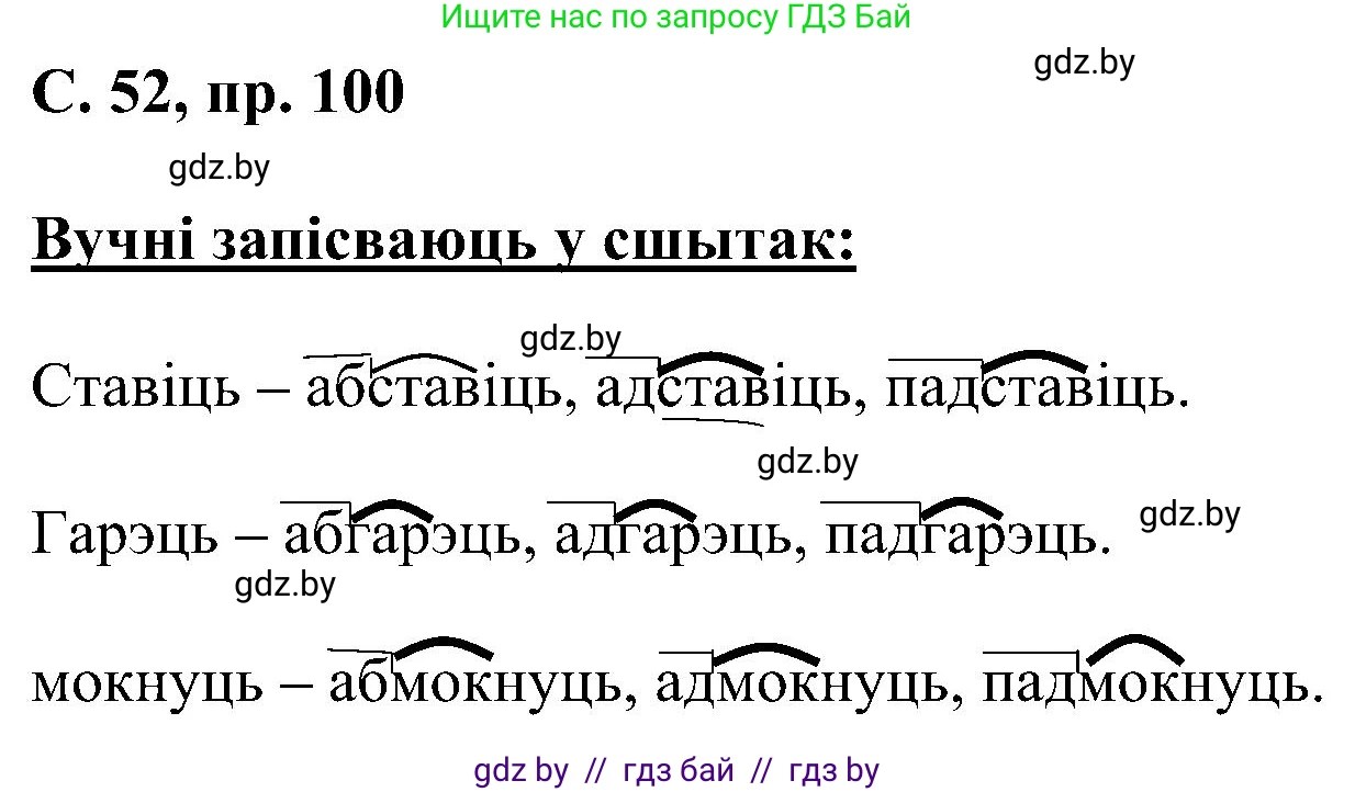 Белорусский язык (Беларуская мова), 6 класс Учебник, авторы: Валочка Ганна Міхайлаўна, Зелянко Вольга Уладзіміраўна, Мартынкевіч Святлана Васільеўна, Якуба Святлана Міхайлаўна, Бажкова Т І, издательство Акадэмія адукацыі, Минск, 2025, страница 52, номер 100, Решение