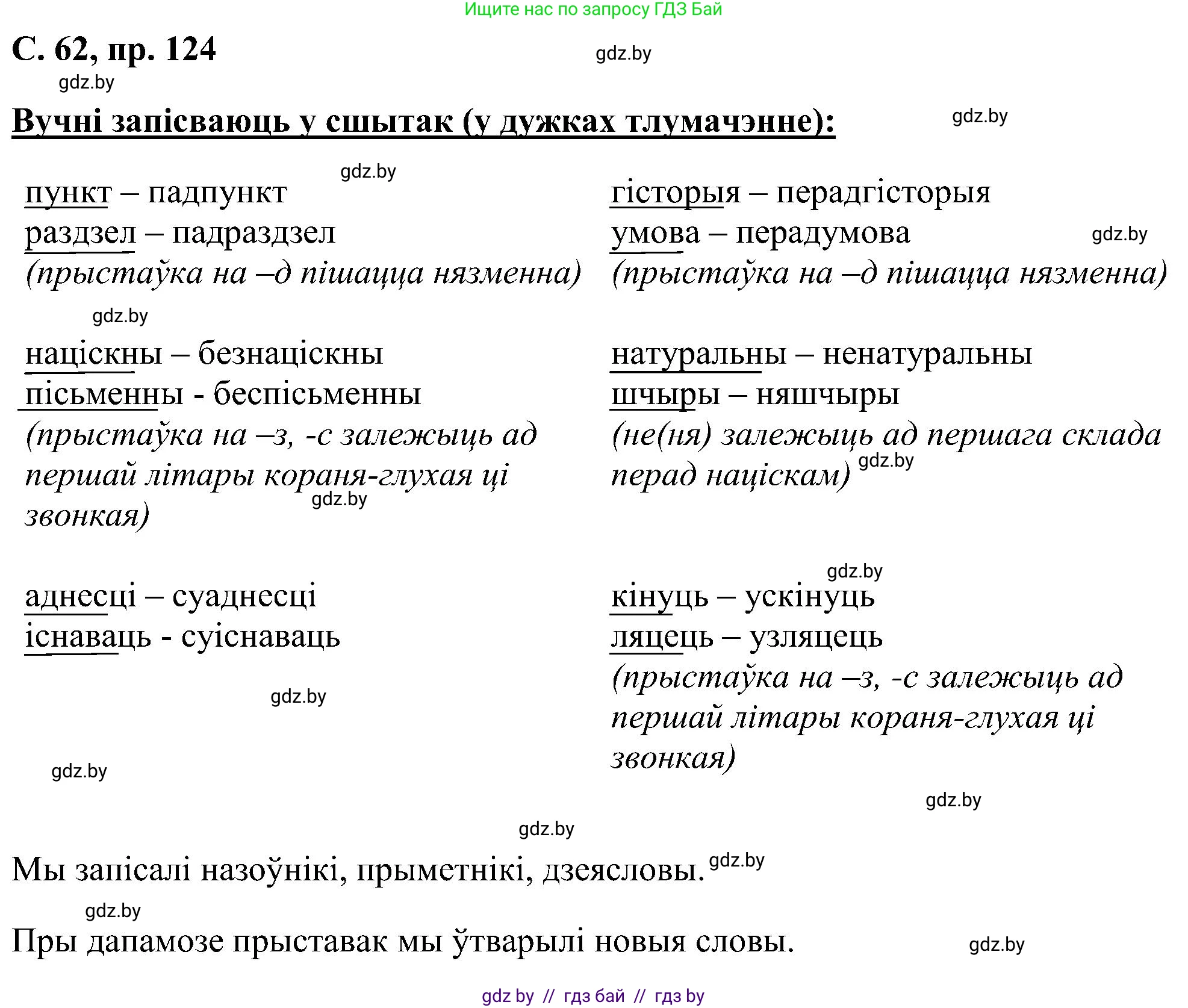 Белорусский язык (Беларуская мова), 6 класс Учебник, авторы: Валочка Ганна Міхайлаўна, Зелянко Вольга Уладзіміраўна, Мартынкевіч Святлана Васільеўна, Якуба Святлана Міхайлаўна, Бажкова Т І, издательство Акадэмія адукацыі, Минск, 2025, страница 62, номер 124, Решение
