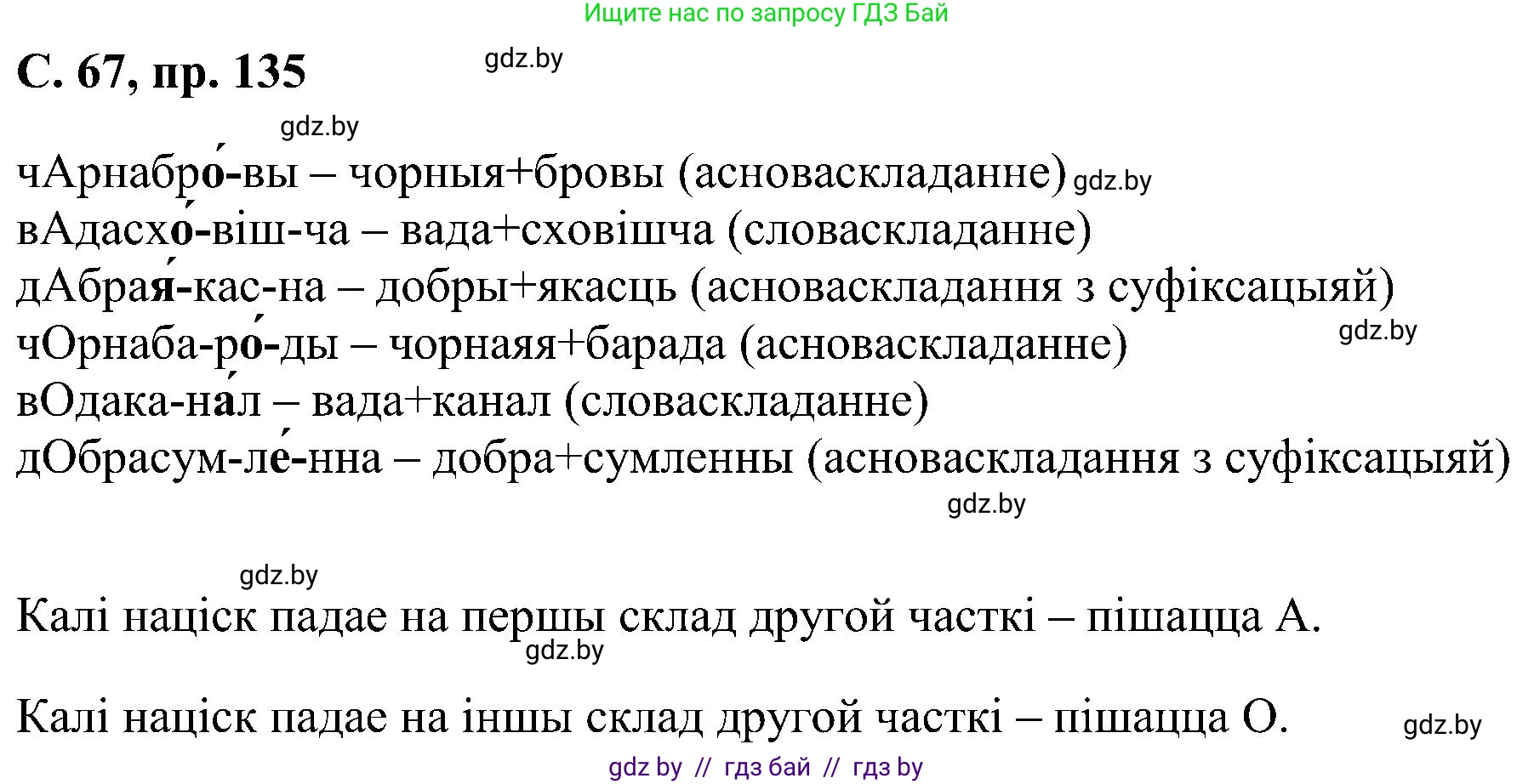 Белорусский язык (Беларуская мова), 6 класс Учебник, авторы: Валочка Ганна Міхайлаўна, Зелянко Вольга Уладзіміраўна, Мартынкевіч Святлана Васільеўна, Якуба Святлана Міхайлаўна, Бажкова Т І, издательство Акадэмія адукацыі, Минск, 2025, страница 67, номер 135, Решение