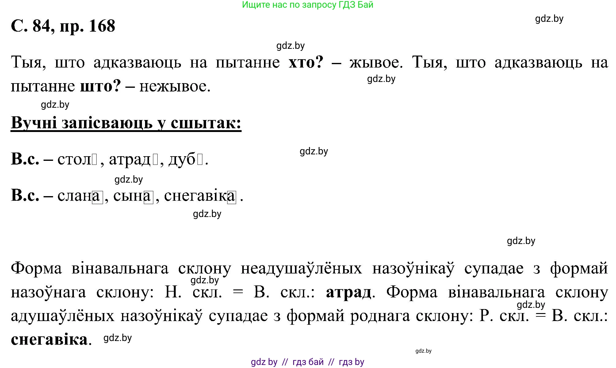 Белорусский язык (Беларуская мова), 6 класс Учебник, авторы: Валочка Ганна Міхайлаўна, Зелянко Вольга Уладзіміраўна, Мартынкевіч Святлана Васільеўна, Якуба Святлана Міхайлаўна, Бажкова Т І, издательство Акадэмія адукацыі, Минск, 2025, страница 84, номер 168, Решение