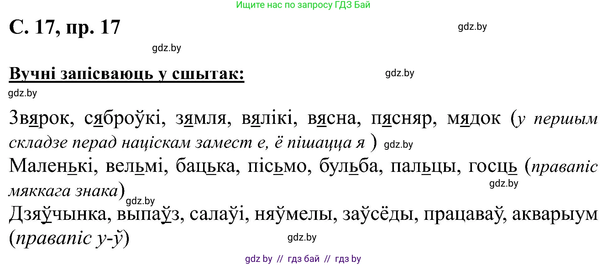 Белорусский язык (Беларуская мова), 6 класс Учебник, авторы: Валочка Ганна Міхайлаўна, Зелянко Вольга Уладзіміраўна, Мартынкевіч Святлана Васільеўна, Якуба Святлана Міхайлаўна, Бажкова Т І, издательство Акадэмія адукацыі, Минск, 2025, страница 17, номер 17, Решение