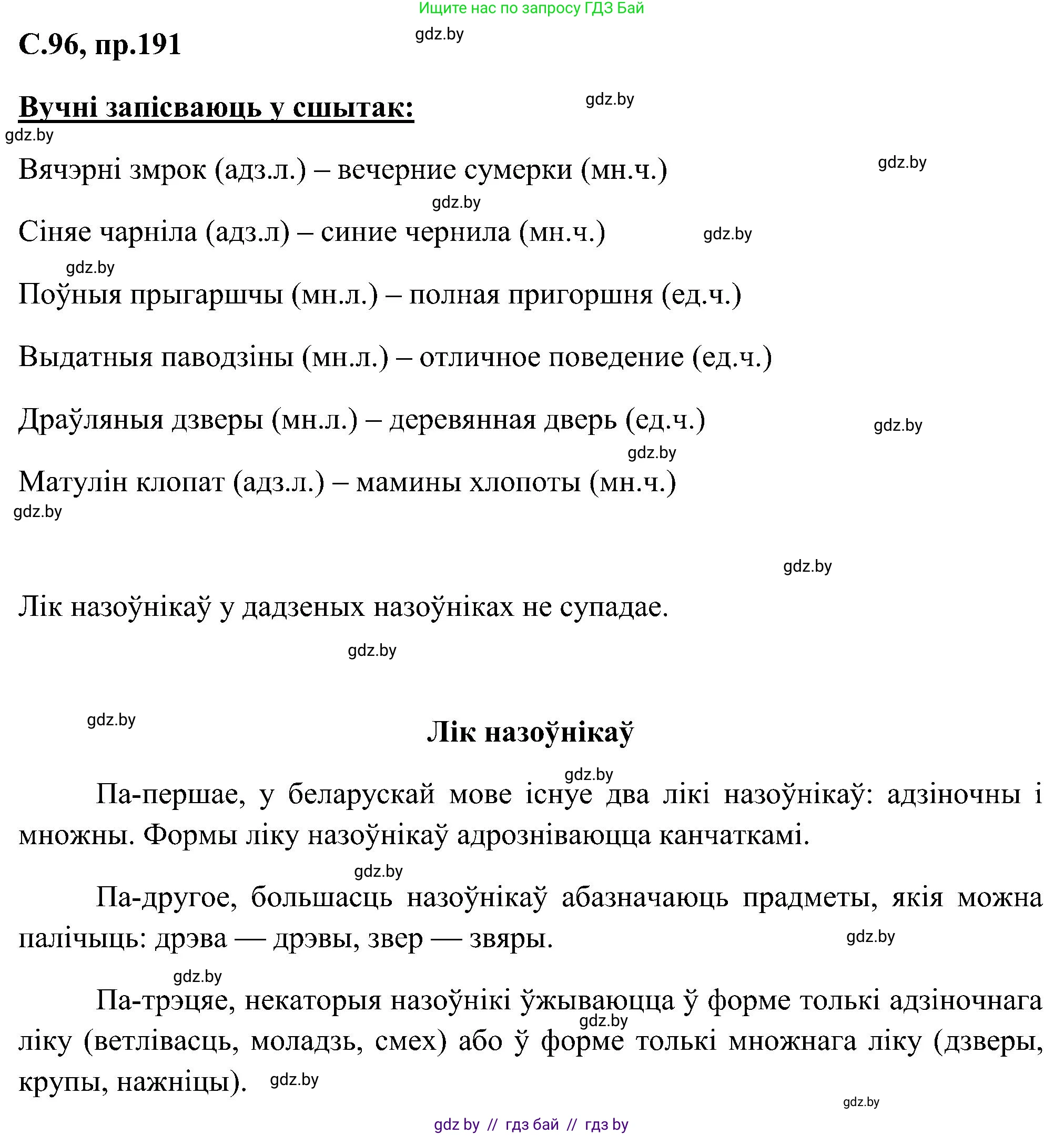 Белорусский язык (Беларуская мова), 6 класс Учебник, авторы: Валочка Ганна Міхайлаўна, Зелянко Вольга Уладзіміраўна, Мартынкевіч Святлана Васільеўна, Якуба Святлана Міхайлаўна, Бажкова Т І, издательство Акадэмія адукацыі, Минск, 2025, страница 96, номер 191, Решение