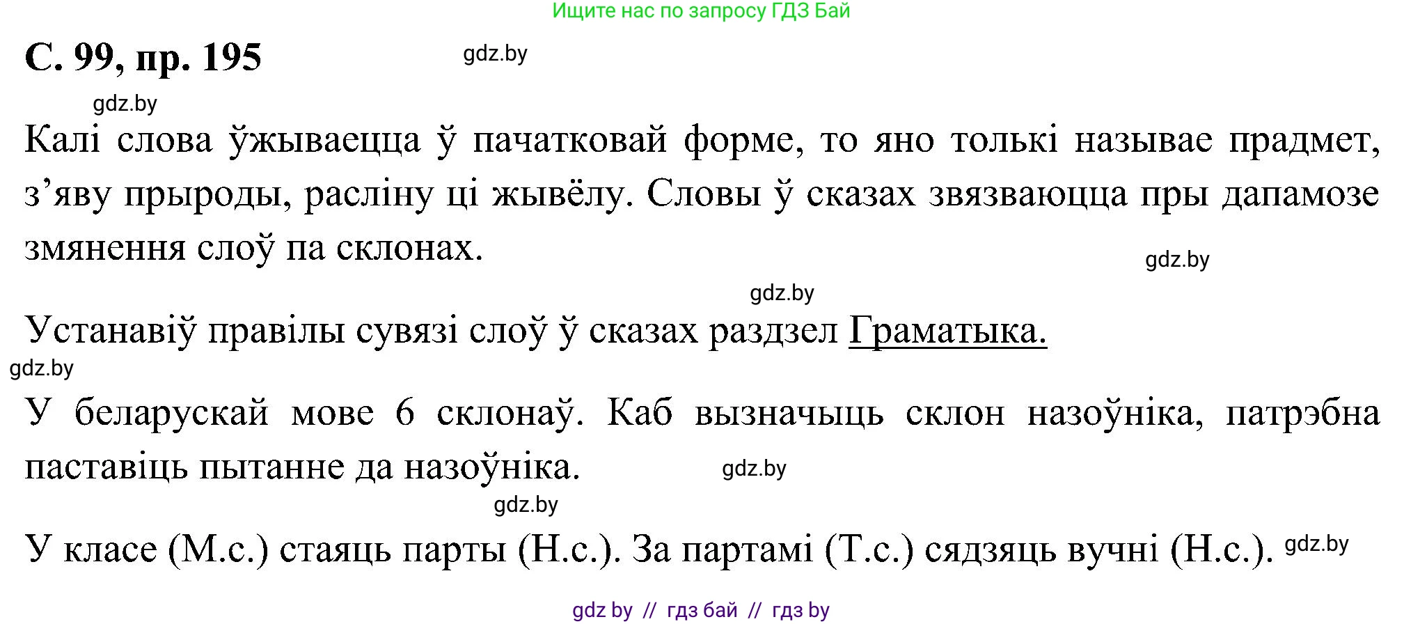Белорусский язык (Беларуская мова), 6 класс Учебник, авторы: Валочка Ганна Міхайлаўна, Зелянко Вольга Уладзіміраўна, Мартынкевіч Святлана Васільеўна, Якуба Святлана Міхайлаўна, Бажкова Т І, издательство Акадэмія адукацыі, Минск, 2025, страница 99, номер 195, Решение