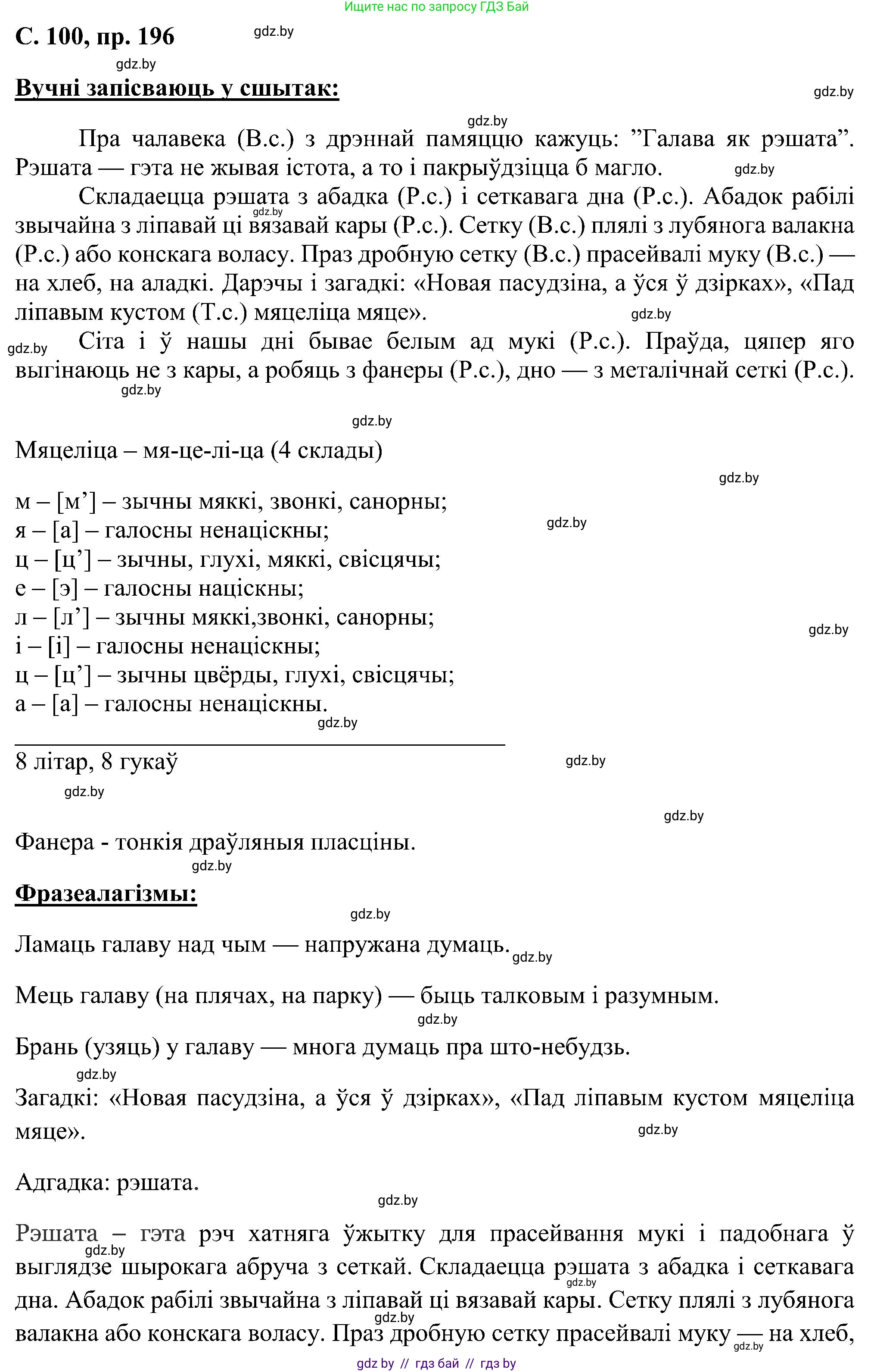 Белорусский язык (Беларуская мова), 6 класс Учебник, авторы: Валочка Ганна Міхайлаўна, Зелянко Вольга Уладзіміраўна, Мартынкевіч Святлана Васільеўна, Якуба Святлана Міхайлаўна, Бажкова Т І, издательство Акадэмія адукацыі, Минск, 2025, страница 100, номер 196, Решение