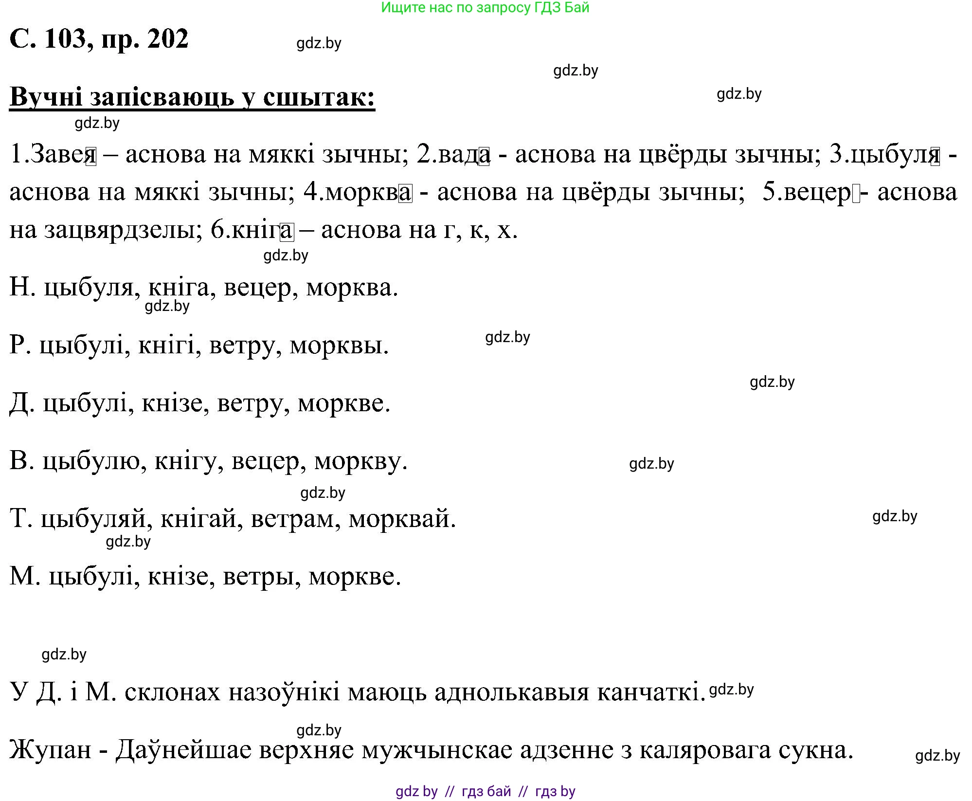 Белорусский язык (Беларуская мова), 6 класс Учебник, авторы: Валочка Ганна Міхайлаўна, Зелянко Вольга Уладзіміраўна, Мартынкевіч Святлана Васільеўна, Якуба Святлана Міхайлаўна, Бажкова Т І, издательство Акадэмія адукацыі, Минск, 2025, страница 103, номер 202, Решение