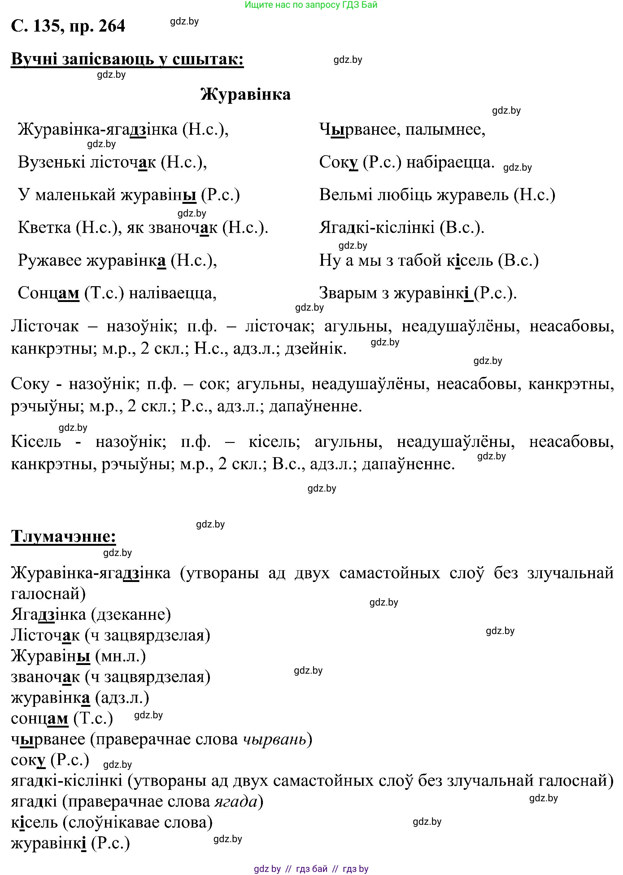 Белорусский язык (Беларуская мова), 6 класс Учебник, авторы: Валочка Ганна Міхайлаўна, Зелянко Вольга Уладзіміраўна, Мартынкевіч Святлана Васільеўна, Якуба Святлана Міхайлаўна, Бажкова Т І, издательство Акадэмія адукацыі, Минск, 2025, страница 135, номер 264, Решение