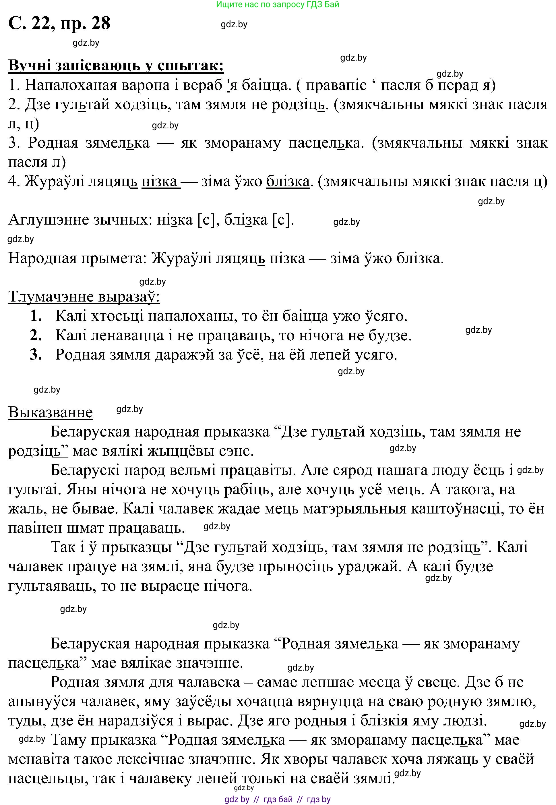 Белорусский язык (Беларуская мова), 6 класс Учебник, авторы: Валочка Ганна Міхайлаўна, Зелянко Вольга Уладзіміраўна, Мартынкевіч Святлана Васільеўна, Якуба Святлана Міхайлаўна, Бажкова Т І, издательство Акадэмія адукацыі, Минск, 2025, страница 22, номер 28, Решение