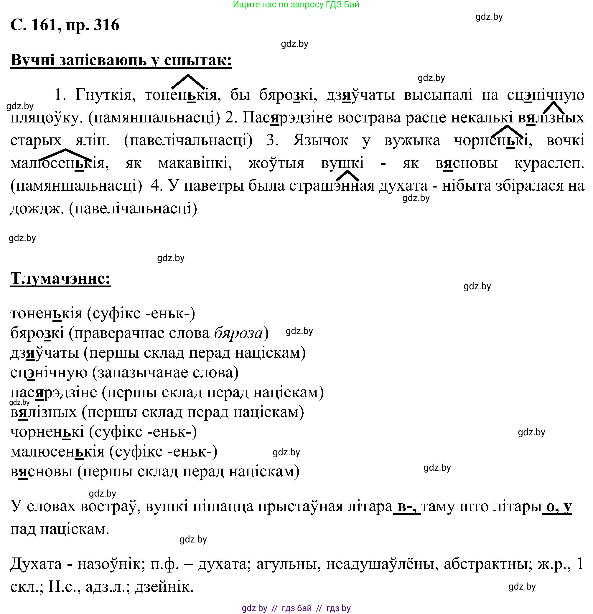 Белорусский язык (Беларуская мова), 6 класс Учебник, авторы: Валочка Ганна Міхайлаўна, Зелянко Вольга Уладзіміраўна, Мартынкевіч Святлана Васільеўна, Якуба Святлана Міхайлаўна, Бажкова Т І, издательство Акадэмія адукацыі, Минск, 2025, страница 161, номер 316, Решение