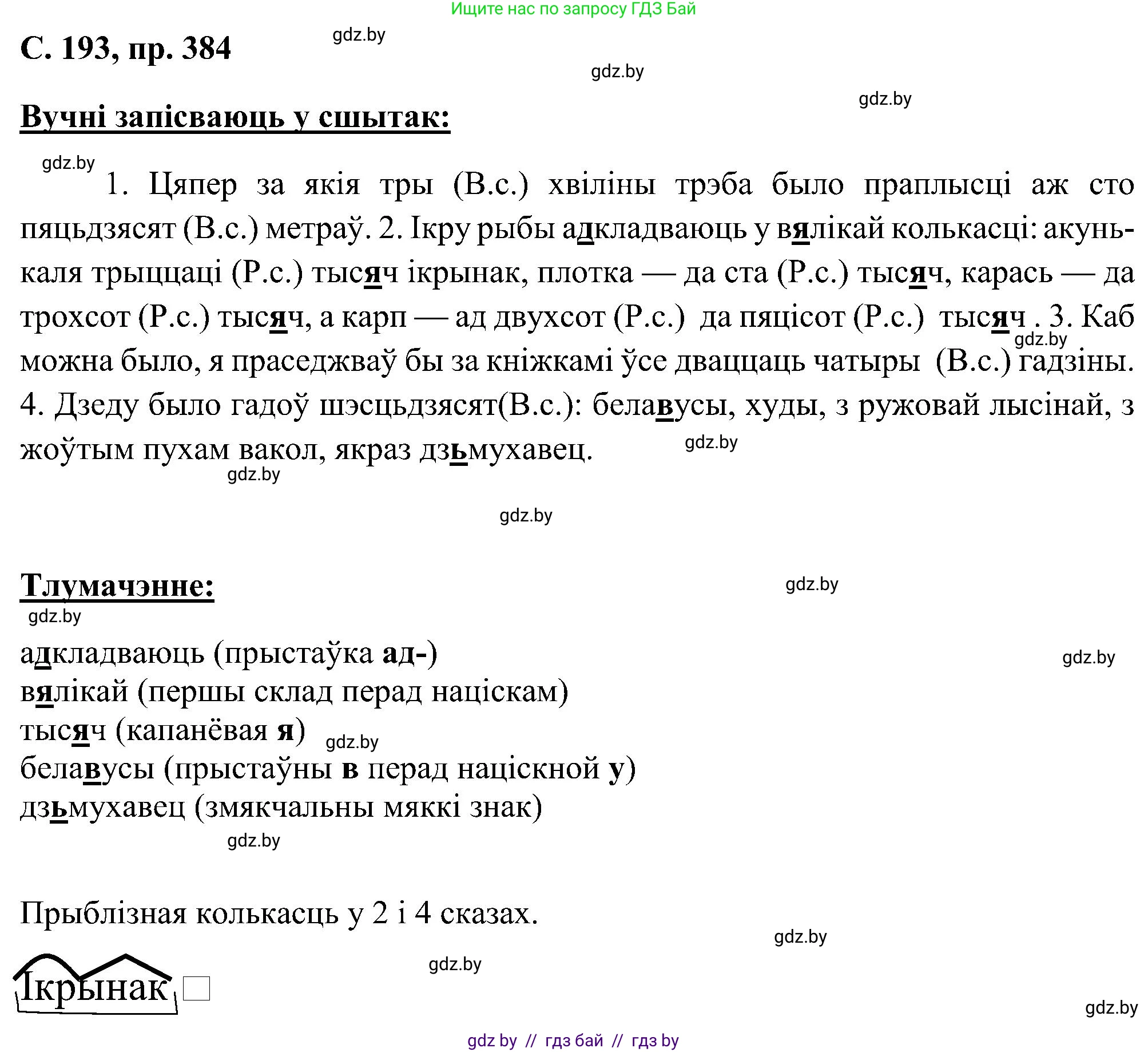 Белорусский язык (Беларуская мова), 6 класс Учебник, авторы: Валочка Ганна Міхайлаўна, Зелянко Вольга Уладзіміраўна, Мартынкевіч Святлана Васільеўна, Якуба Святлана Міхайлаўна, Бажкова Т І, издательство Акадэмія адукацыі, Минск, 2025, страница 193, номер 384, Решение