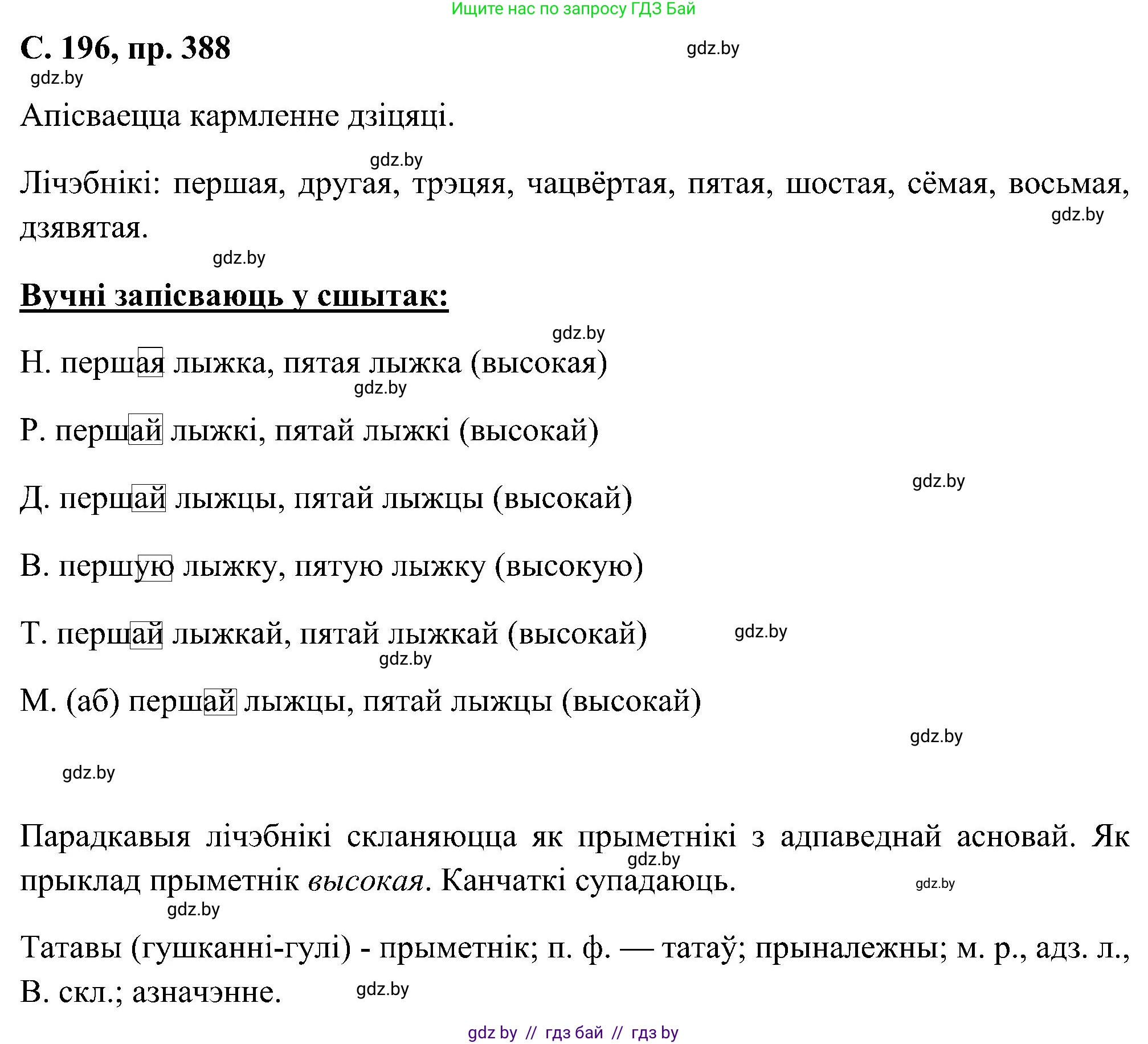 Белорусский язык (Беларуская мова), 6 класс Учебник, авторы: Валочка Ганна Міхайлаўна, Зелянко Вольга Уладзіміраўна, Мартынкевіч Святлана Васільеўна, Якуба Святлана Міхайлаўна, Бажкова Т І, издательство Акадэмія адукацыі, Минск, 2025, страница 196, номер 388, Решение