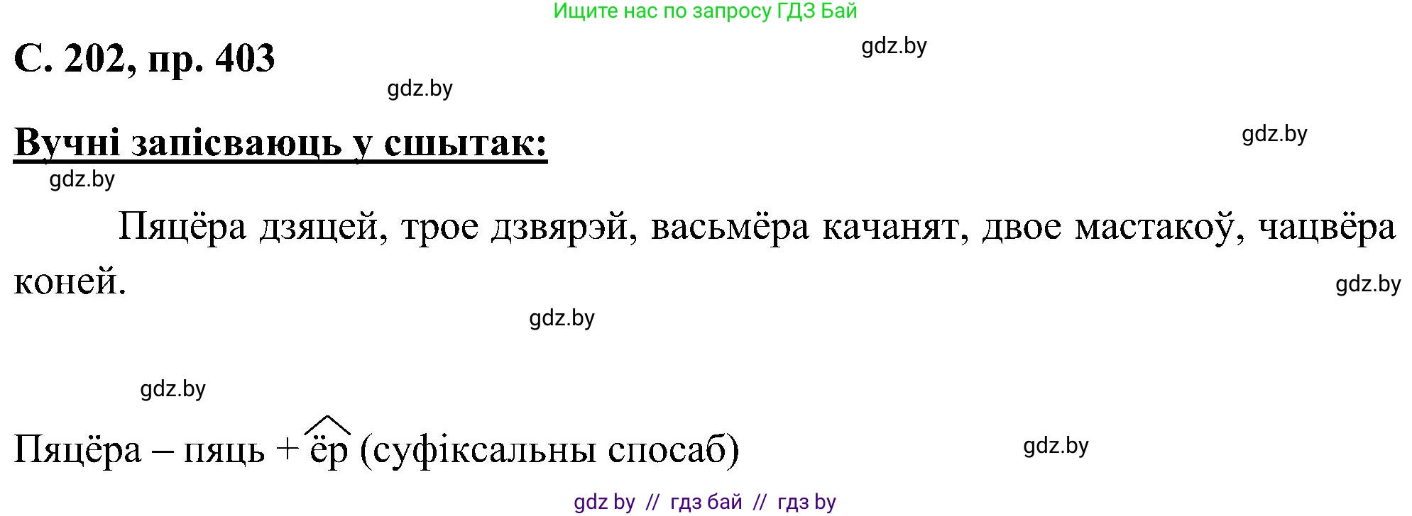 Белорусский язык (Беларуская мова), 6 класс Учебник, авторы: Валочка Ганна Міхайлаўна, Зелянко Вольга Уладзіміраўна, Мартынкевіч Святлана Васільеўна, Якуба Святлана Міхайлаўна, Бажкова Т І, издательство Акадэмія адукацыі, Минск, 2025, страница 202, номер 403, Решение