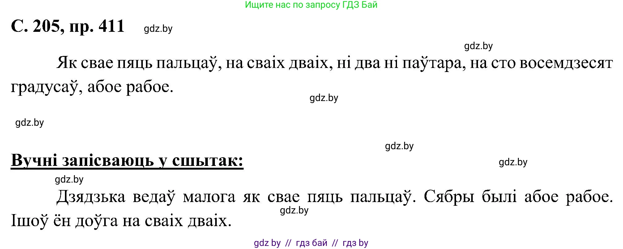 Белорусский язык (Беларуская мова), 6 класс Учебник, авторы: Валочка Ганна Міхайлаўна, Зелянко Вольга Уладзіміраўна, Мартынкевіч Святлана Васільеўна, Якуба Святлана Міхайлаўна, Бажкова Т І, издательство Акадэмія адукацыі, Минск, 2025, страница 205, номер 411, Решение