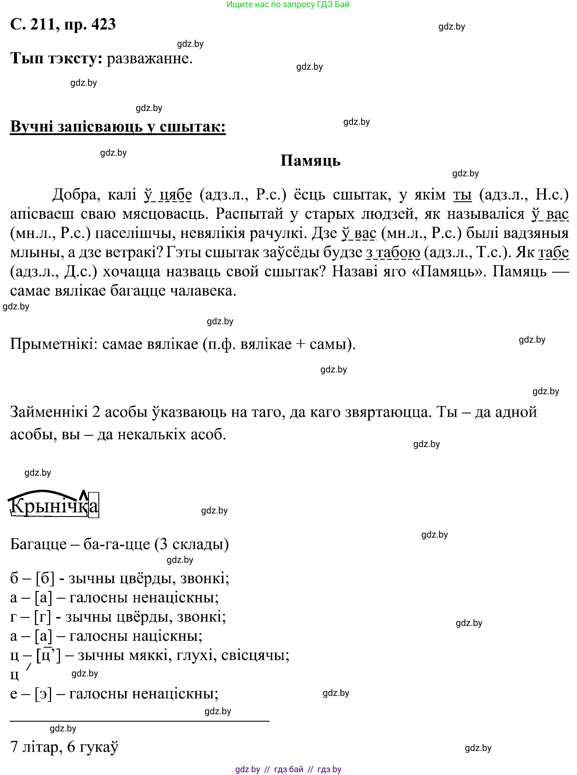 Белорусский язык (Беларуская мова), 6 класс Учебник, авторы: Валочка Ганна Міхайлаўна, Зелянко Вольга Уладзіміраўна, Мартынкевіч Святлана Васільеўна, Якуба Святлана Міхайлаўна, Бажкова Т І, издательство Акадэмія адукацыі, Минск, 2025, страница 211, номер 423, Решение