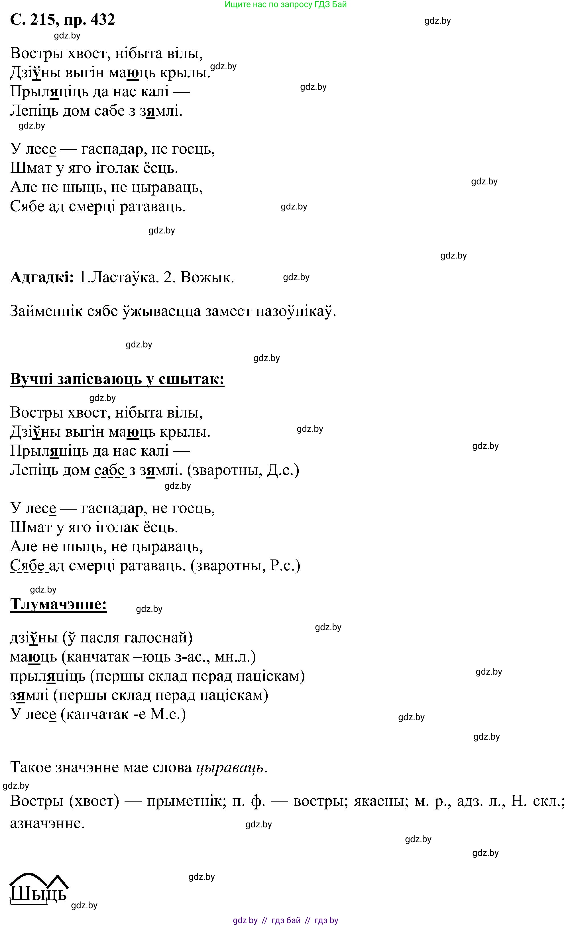 Белорусский язык (Беларуская мова), 6 класс Учебник, авторы: Валочка Ганна Міхайлаўна, Зелянко Вольга Уладзіміраўна, Мартынкевіч Святлана Васільеўна, Якуба Святлана Міхайлаўна, Бажкова Т І, издательство Акадэмія адукацыі, Минск, 2025, страница 215, номер 432, Решение