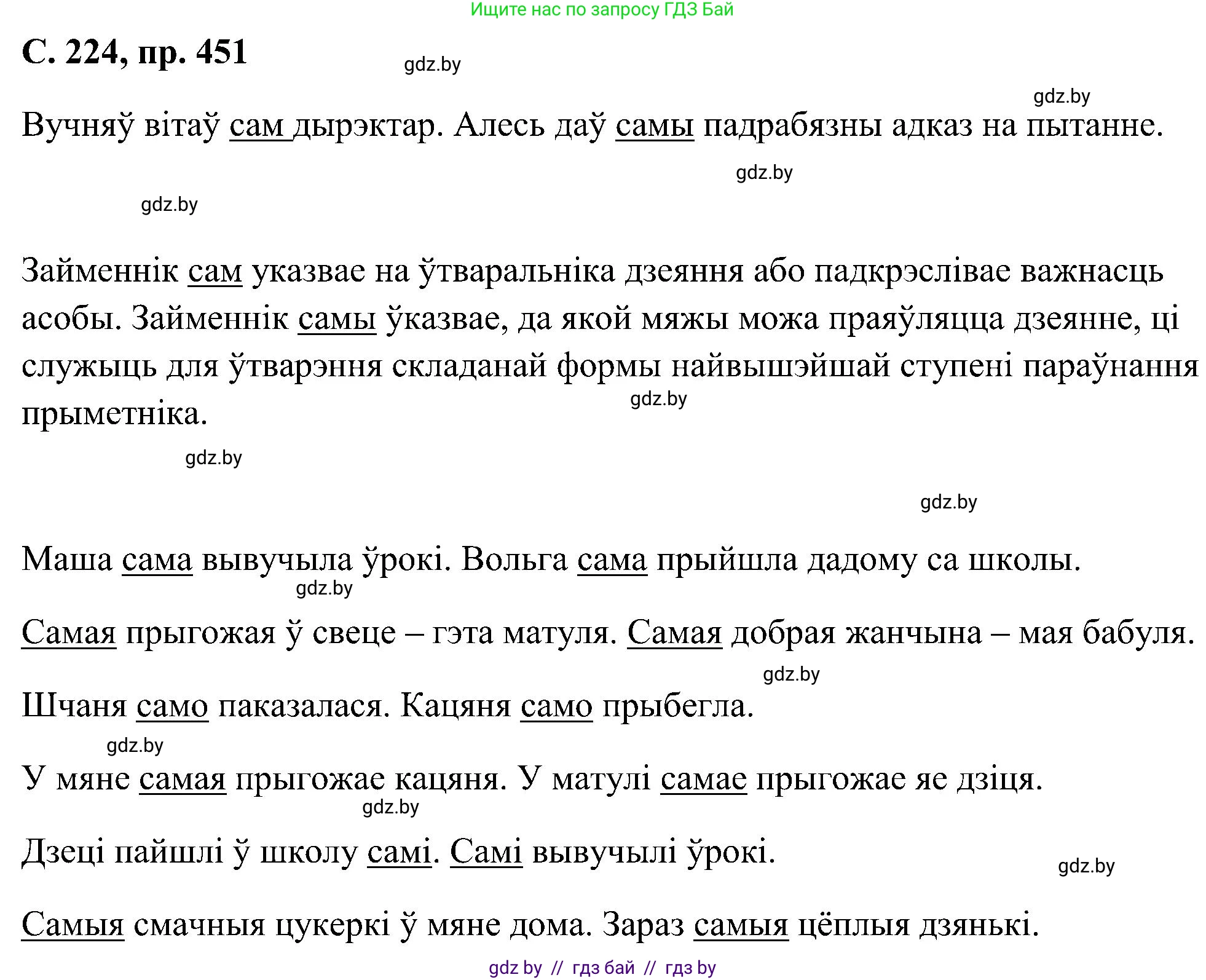 Белорусский язык (Беларуская мова), 6 класс Учебник, авторы: Валочка Ганна Міхайлаўна, Зелянко Вольга Уладзіміраўна, Мартынкевіч Святлана Васільеўна, Якуба Святлана Міхайлаўна, Бажкова Т І, издательство Акадэмія адукацыі, Минск, 2025, страница 224, номер 451, Решение