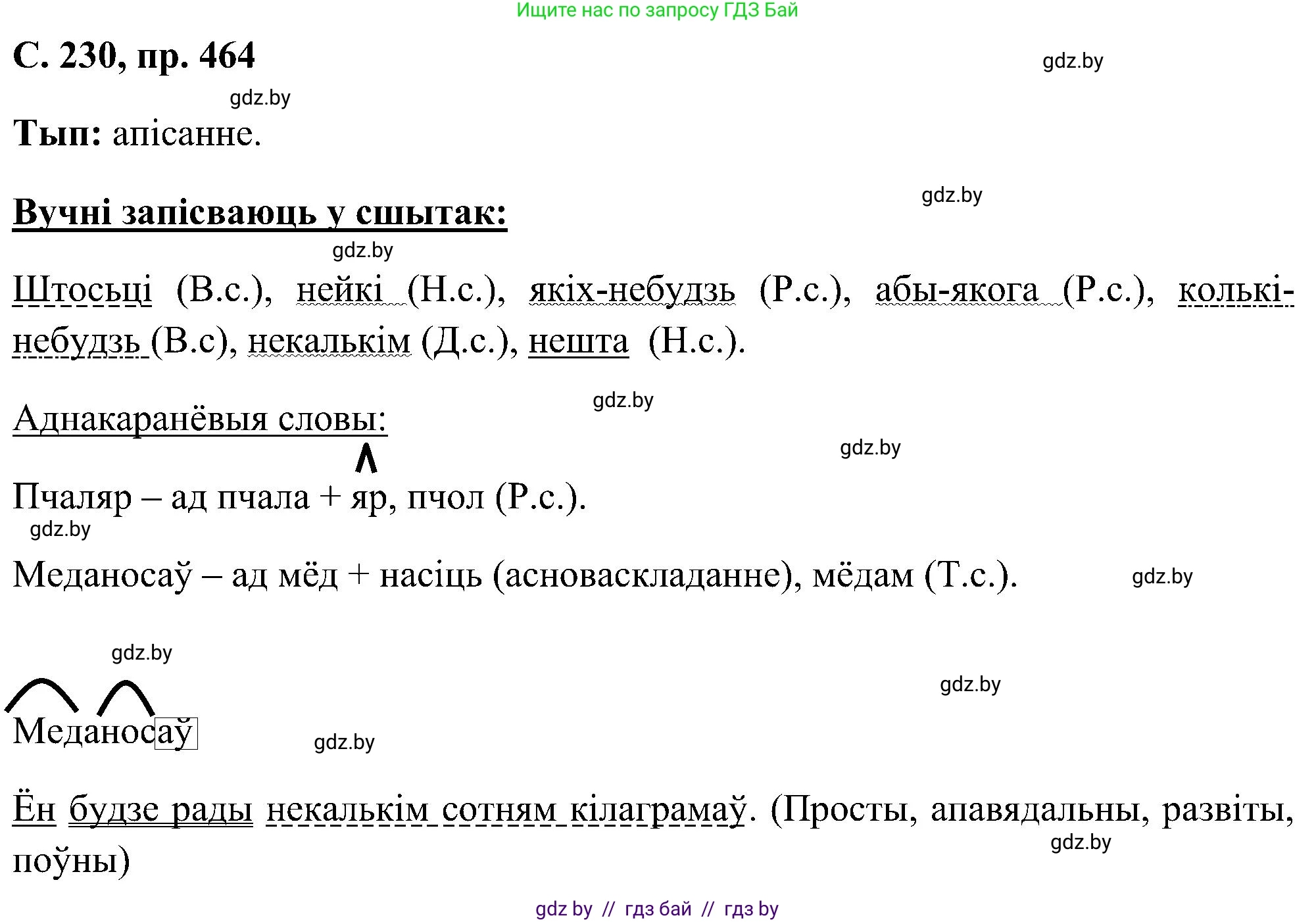 Белорусский язык (Беларуская мова), 6 класс Учебник, авторы: Валочка Ганна Міхайлаўна, Зелянко Вольга Уладзіміраўна, Мартынкевіч Святлана Васільеўна, Якуба Святлана Міхайлаўна, Бажкова Т І, издательство Акадэмія адукацыі, Минск, 2025, страница 230, номер 464, Решение