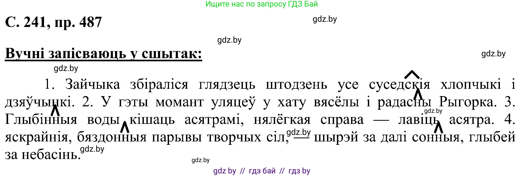 Белорусский язык (Беларуская мова), 6 класс Учебник, авторы: Валочка Ганна Міхайлаўна, Зелянко Вольга Уладзіміраўна, Мартынкевіч Святлана Васільеўна, Якуба Святлана Міхайлаўна, Бажкова Т І, издательство Акадэмія адукацыі, Минск, 2025, страница 241, номер 487, Решение