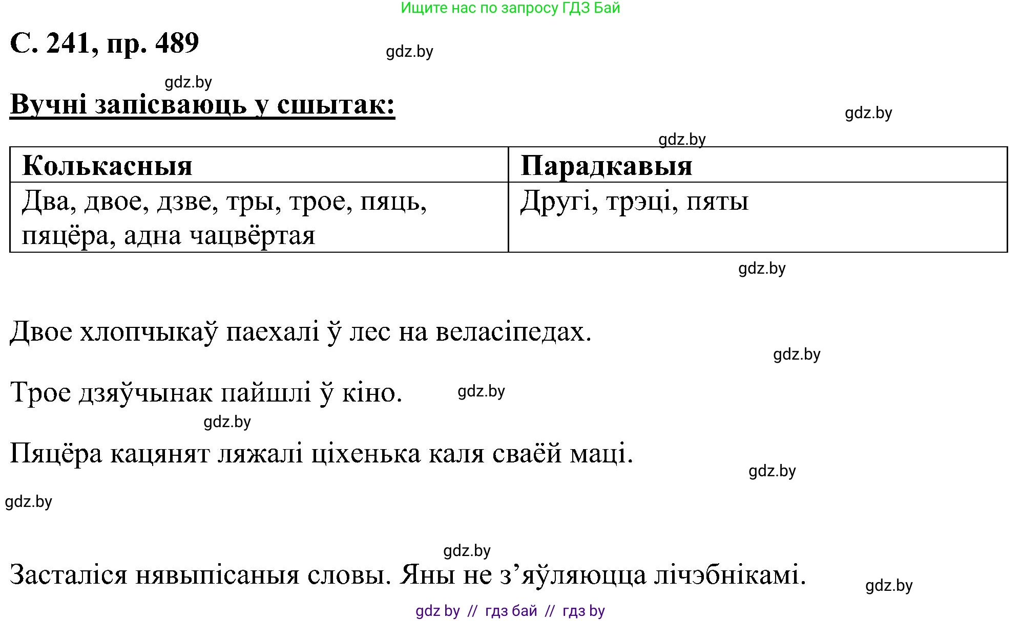 Белорусский язык (Беларуская мова), 6 класс Учебник, авторы: Валочка Ганна Міхайлаўна, Зелянко Вольга Уладзіміраўна, Мартынкевіч Святлана Васільеўна, Якуба Святлана Міхайлаўна, Бажкова Т І, издательство Акадэмія адукацыі, Минск, 2025, страница 241, номер 489, Решение
