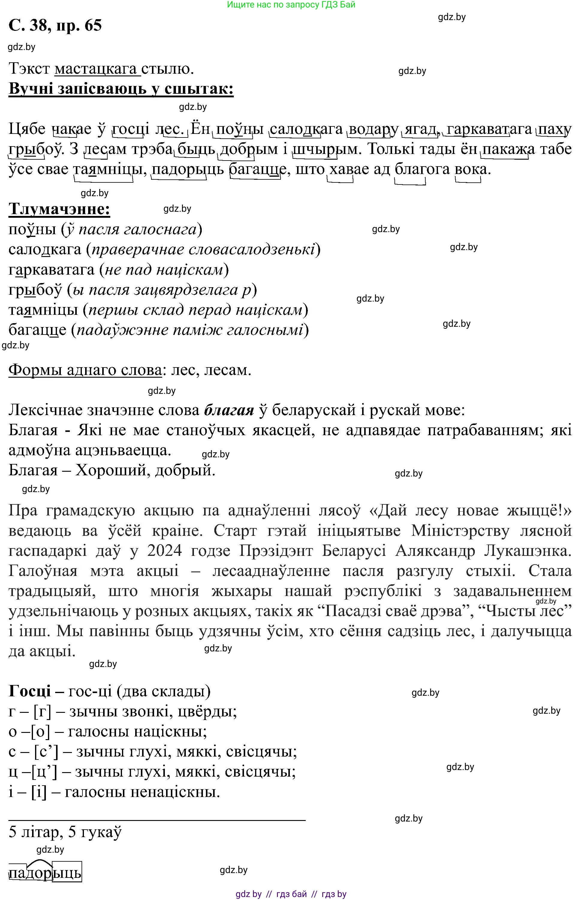 Белорусский язык (Беларуская мова), 6 класс Учебник, авторы: Валочка Ганна Міхайлаўна, Зелянко Вольга Уладзіміраўна, Мартынкевіч Святлана Васільеўна, Якуба Святлана Міхайлаўна, Бажкова Т І, издательство Акадэмія адукацыі, Минск, 2025, страница 38, номер 65, Решение