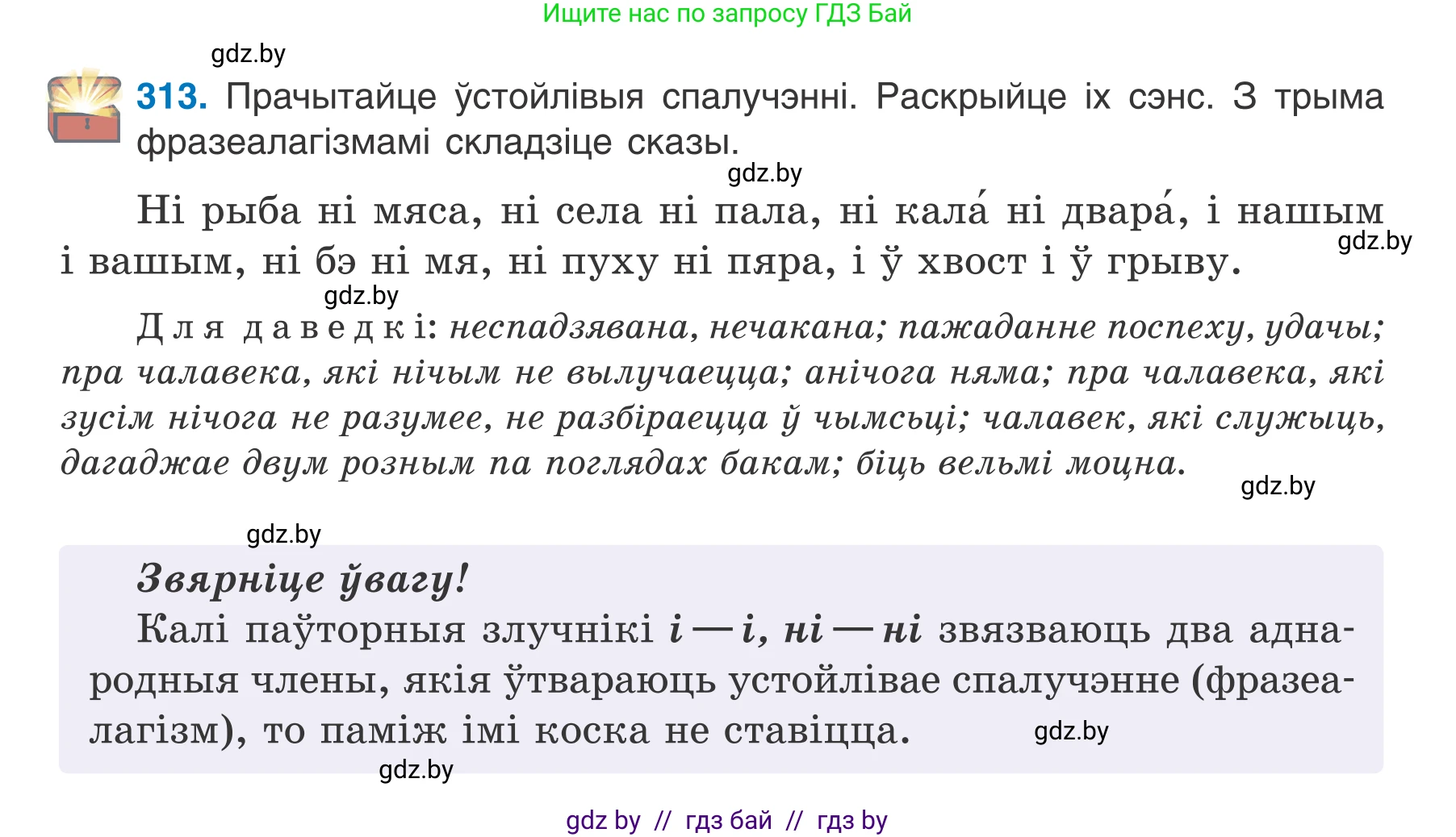 Белорусский язык (Беларуская мова), 7 класс Учебник, авторы: Валочка Ганна Міхайлаўна, Зелянко Вольга Уладзіміраўна, Язерская Святлана Анатольеўна, издательство Нацыянальны інстытут адукацыі, Минск, 2020, страница 185, номер 313, Условие