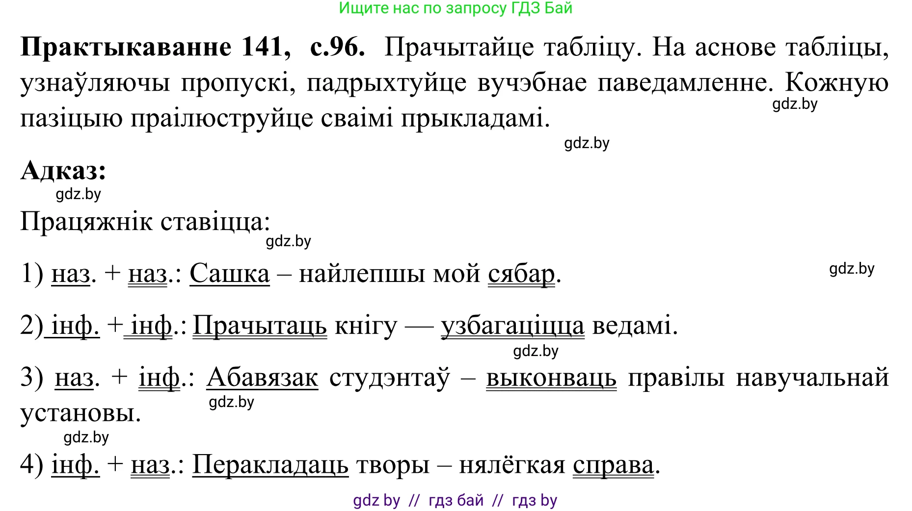 Белорусский язык (Беларуская мова), 8 класс Учебник, авторы: Бадзевіч Зінаіда Іванаўна, Саматыя Ірына Мікалаеўна, издательство Нацыянальны інстытут адукацыі, Минск, 2020, страница 96, номер 141, Решение