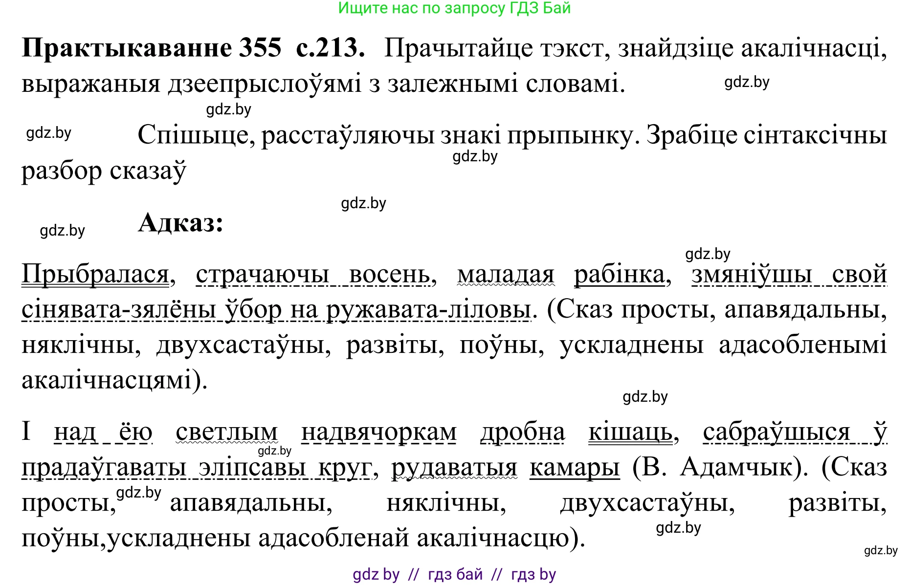 Белорусский язык (Беларуская мова), 8 класс Учебник, авторы: Бадзевіч Зінаіда Іванаўна, Саматыя Ірына Мікалаеўна, издательство Нацыянальны інстытут адукацыі, Минск, 2020, страница 213, номер 355, Решение