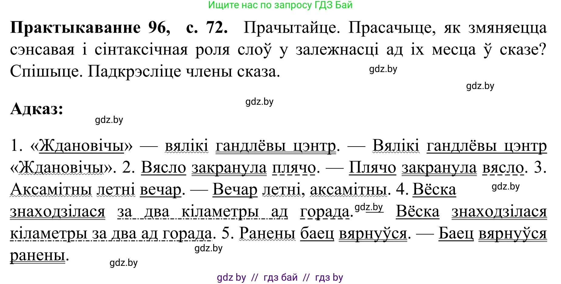 Белорусский язык (Беларуская мова), 8 класс Учебник, авторы: Бадзевіч Зінаіда Іванаўна, Саматыя Ірына Мікалаеўна, издательство Нацыянальны інстытут адукацыі, Минск, 2020, страница 72, номер 96, Решение