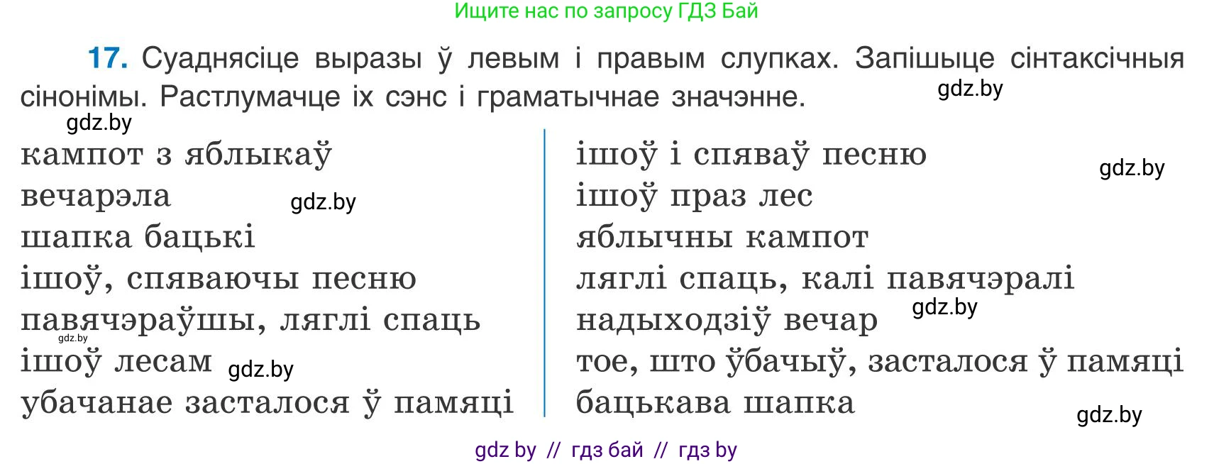 Белорусский язык (Беларуская мова), 9 класс Учебник, авторы: Валочка Ганна Міхайлаўна, Васюковіч Людміла Сяргееўна, Зелянко Вольга Уладзіміраўна, Якуба Святлана Міхайлаўна, Байкова С І, издательство Акадэмія адукацыі, Минск, 2025, сиреневого цвета, страница 18, номер 17, Условие 2025